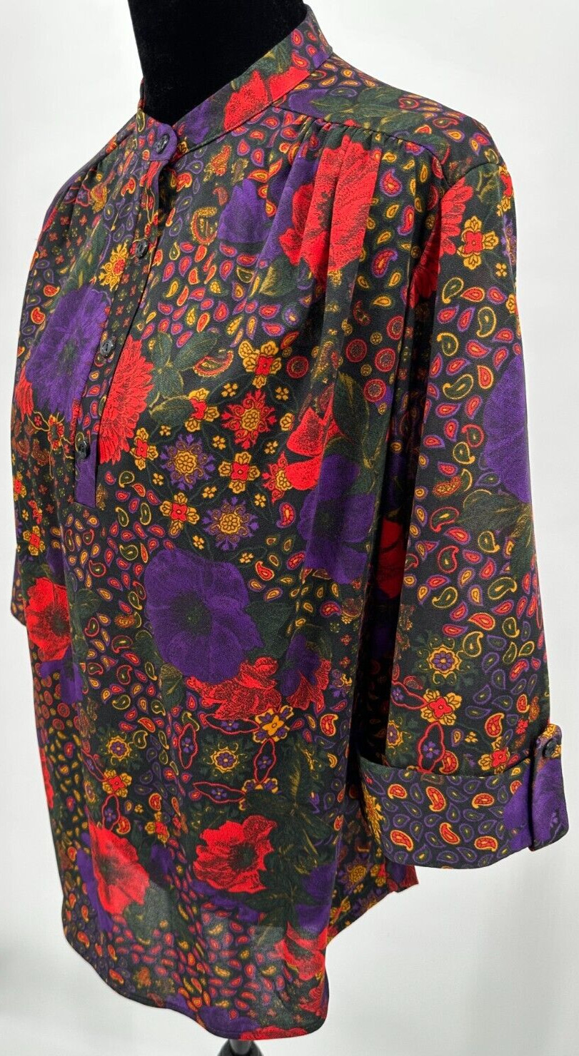 Top Notch Womens 3/4 Sleeve Blouse Size 38/18W Black Paisley Floral Retro Print