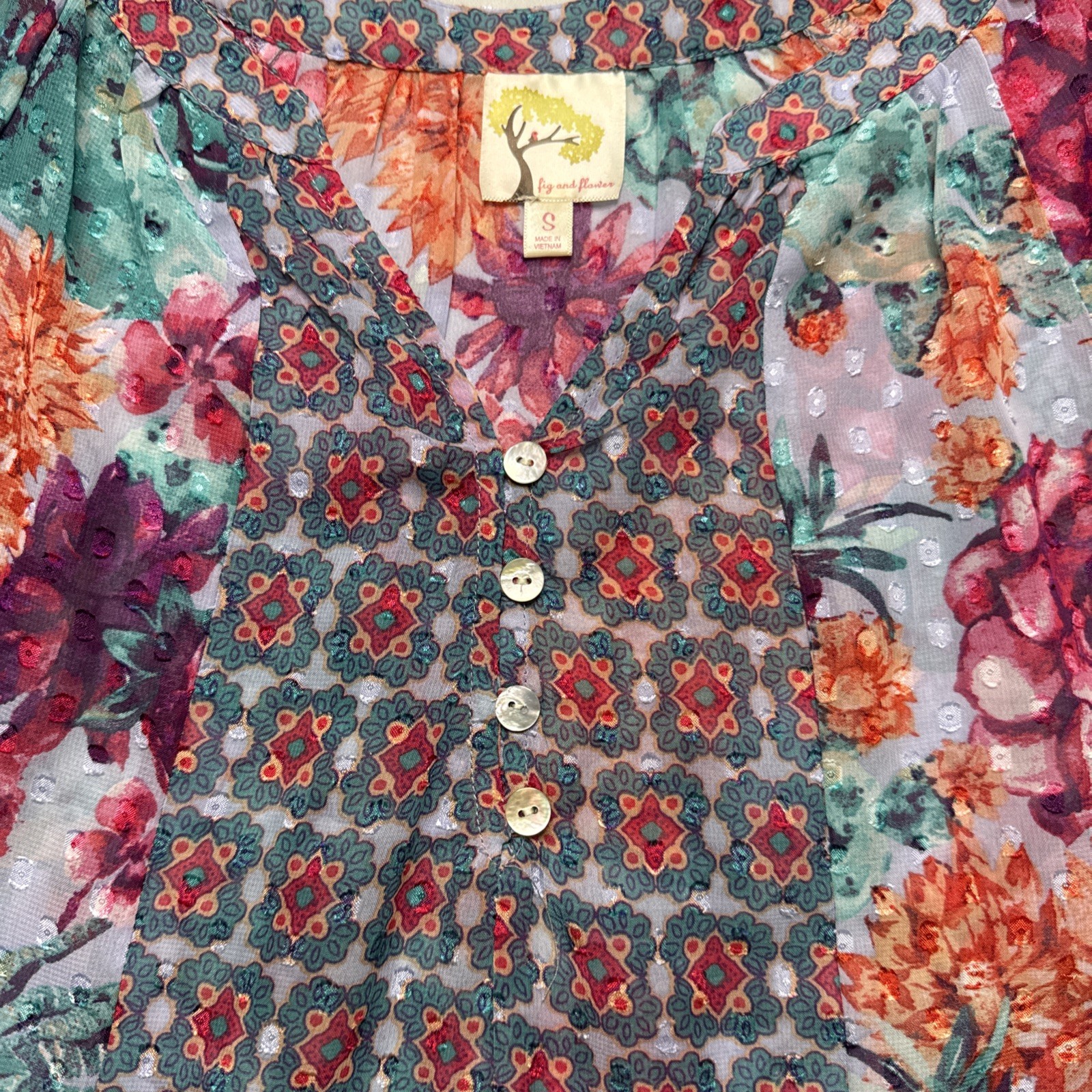 Fig & Flower Multi Color Floral Boho Festival Balloon Sleeve Blouse Colorful S