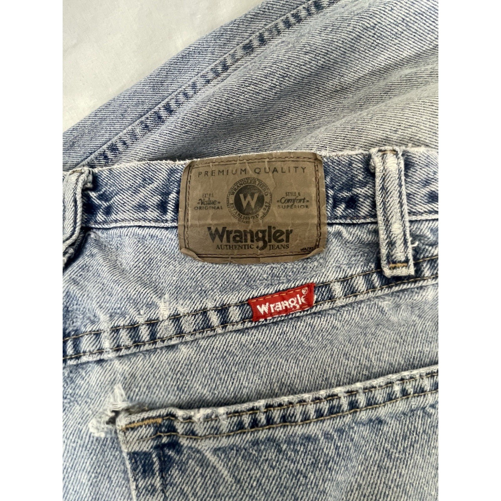 Vtg Wrangler Jeans 32×32 Blue Wash Denim Thrashed Distressed Ripped Grunge Work