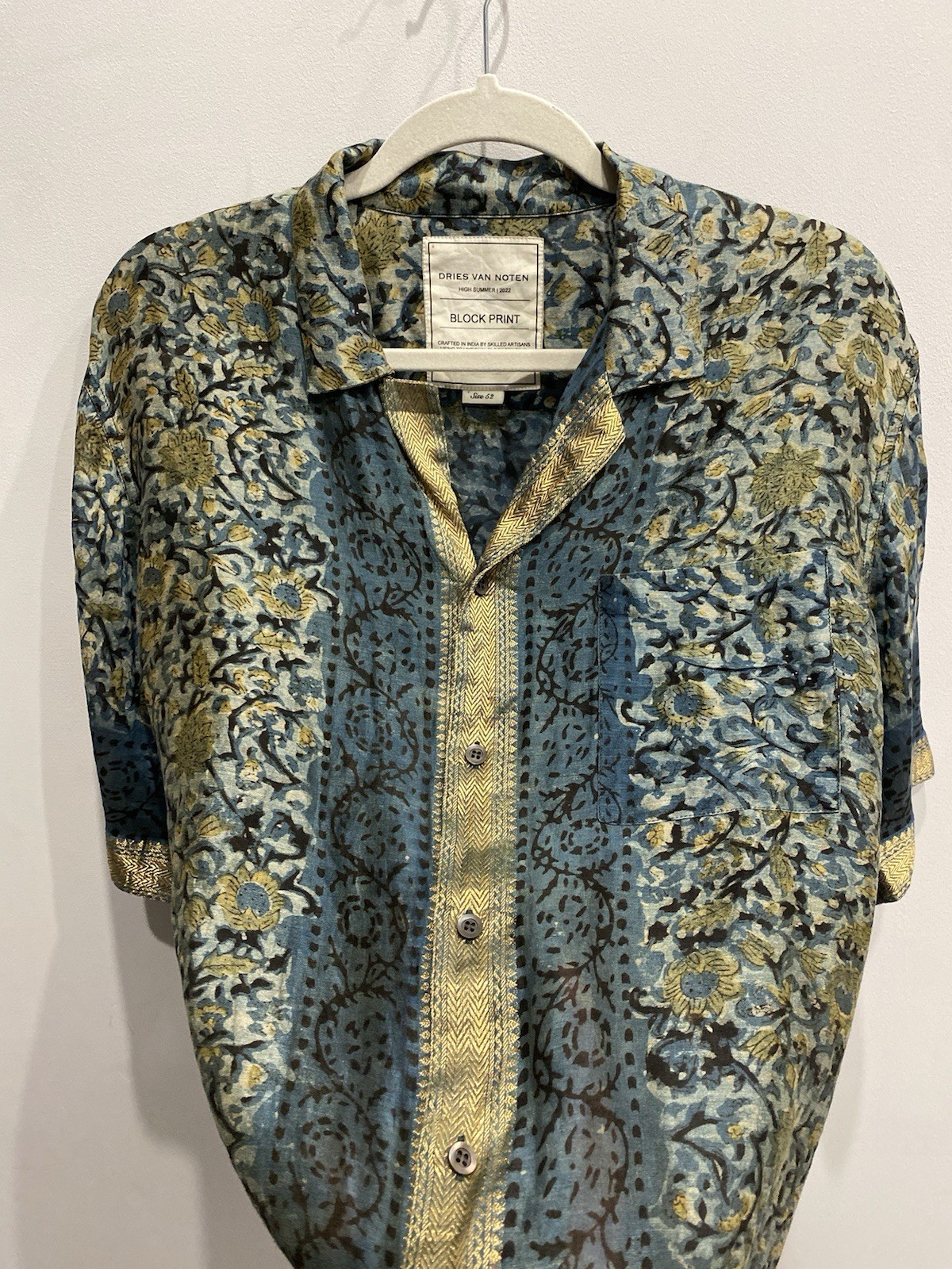 Dries Van Noten High Summer 2022 Block Print Shirt Size 52 Cotton Silk India