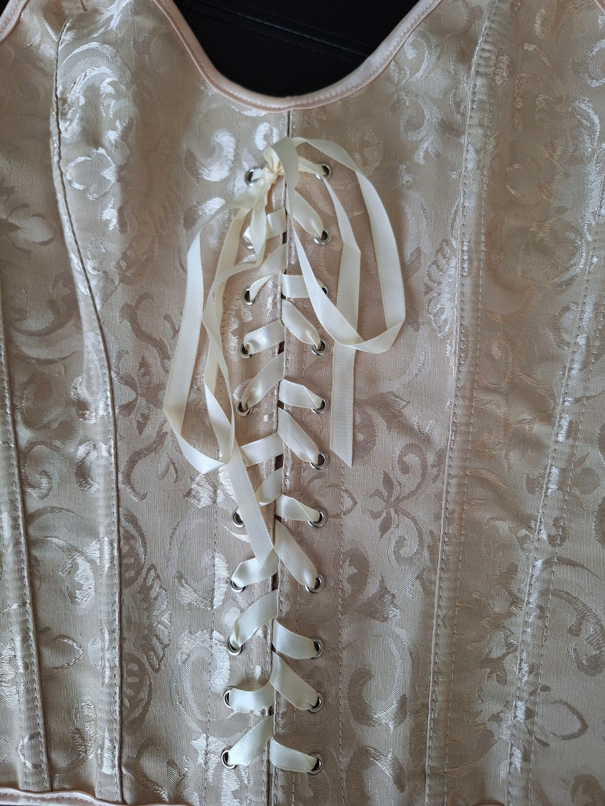 NEW Beige Satin Jacquard Strap Bustier Ribbon Lace up & Zipper Closure Corset L