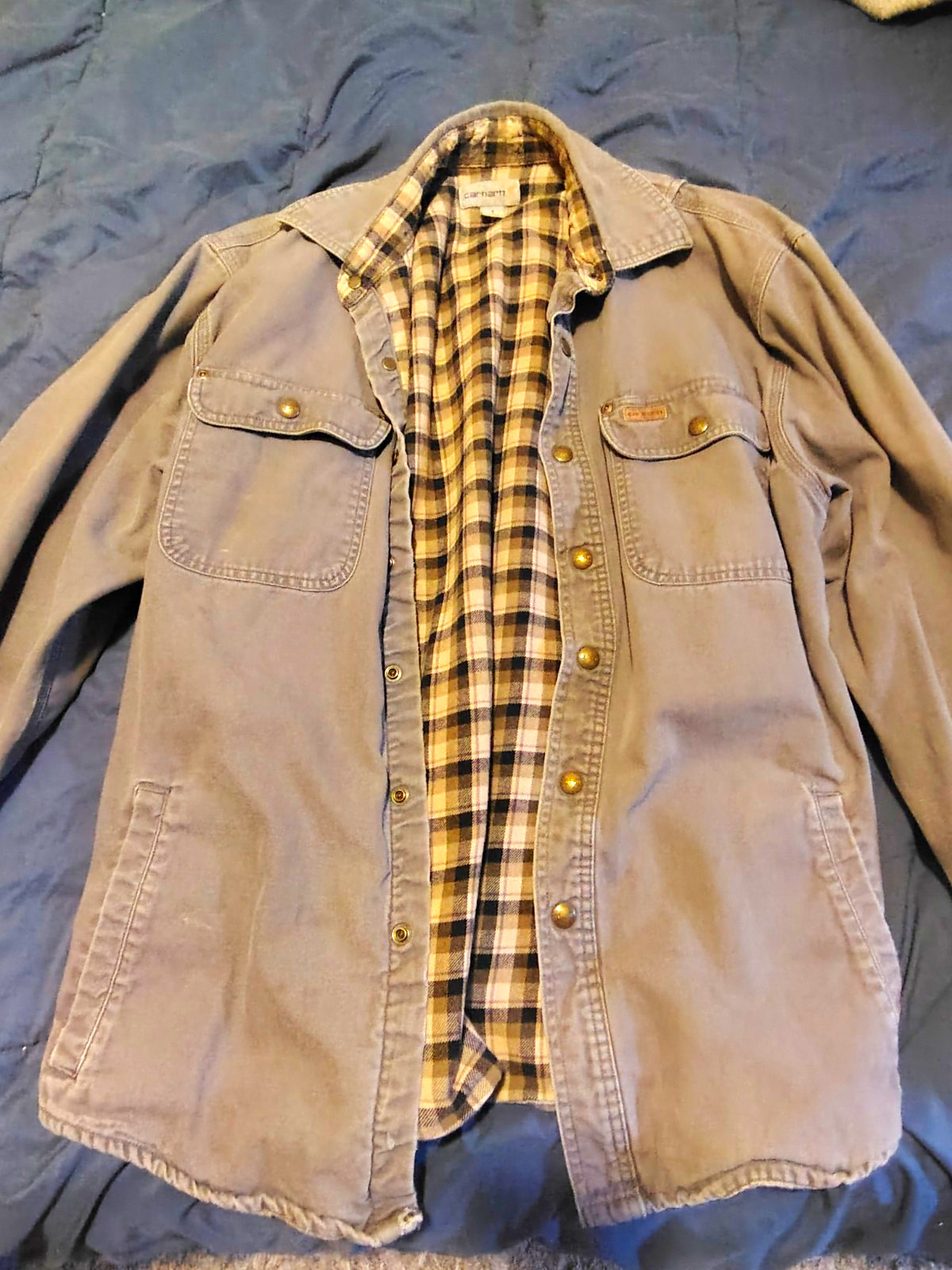 Carhartt Men’s Gray Work Jacket Plaid Lined Pockets Size S (Runs Large)
