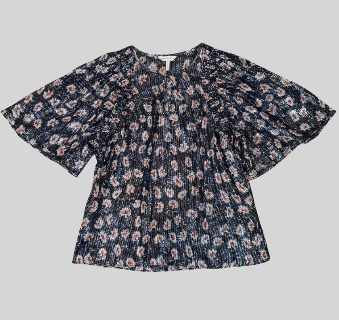 Rebecca Taylor Shirt Womens Small Metallic Floral Flutter Sleeve Top 720979B583