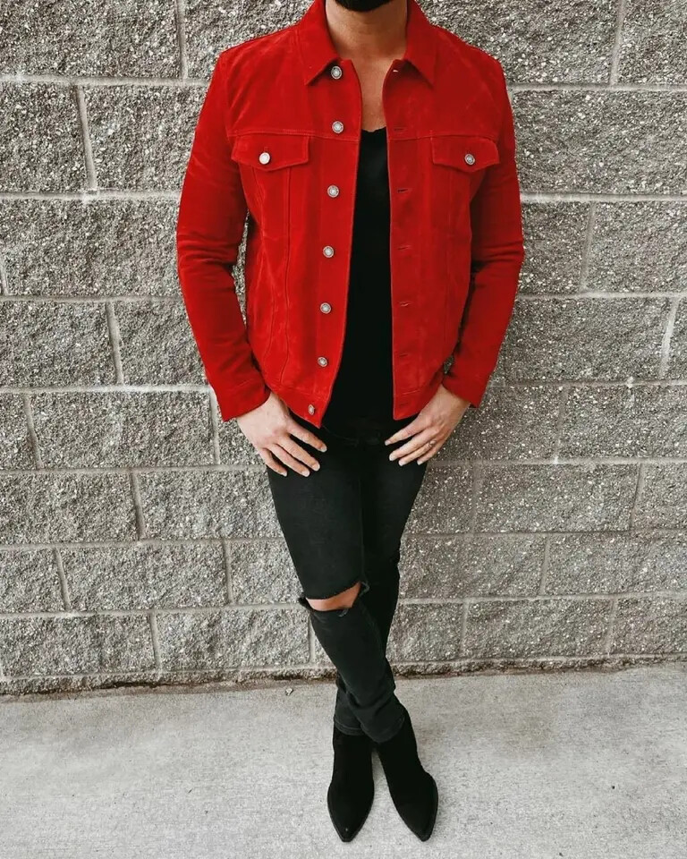 Men Red Leather Trucker Jacket Real Suede Jacket Custom Made Size S M L XL-192