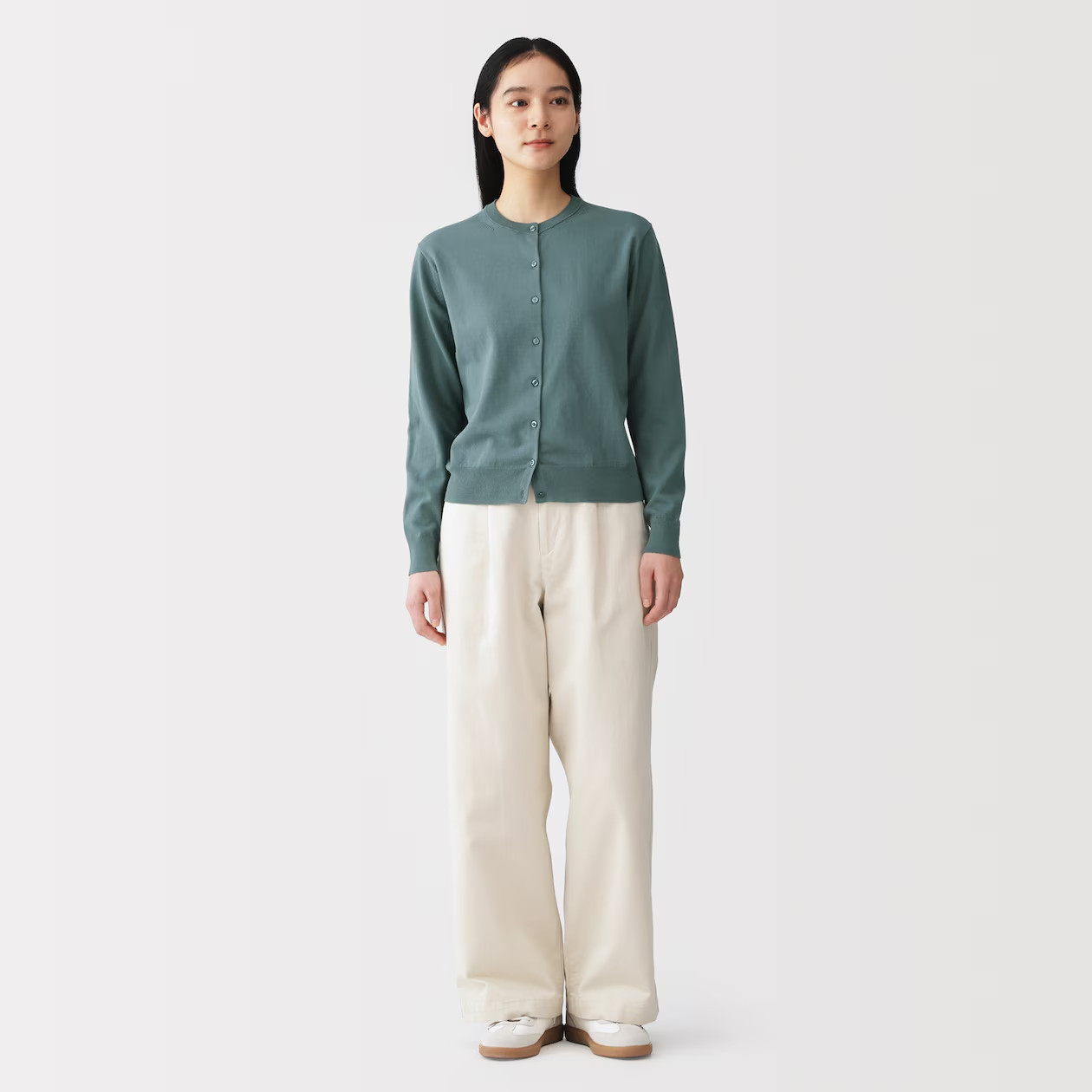 MUJI Womens 100% Organic Cotton UV Resistant Crew Neck Cardigan SmokyGreen FedEx