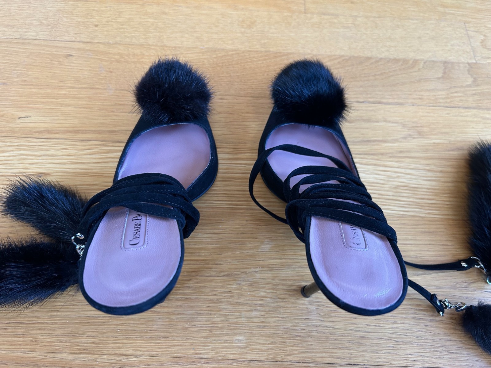 CESARE PACIOTTI Black Suede Pom-Pom Fur Tassels Sandals SZ 7.5 IT 37.5 Excellent