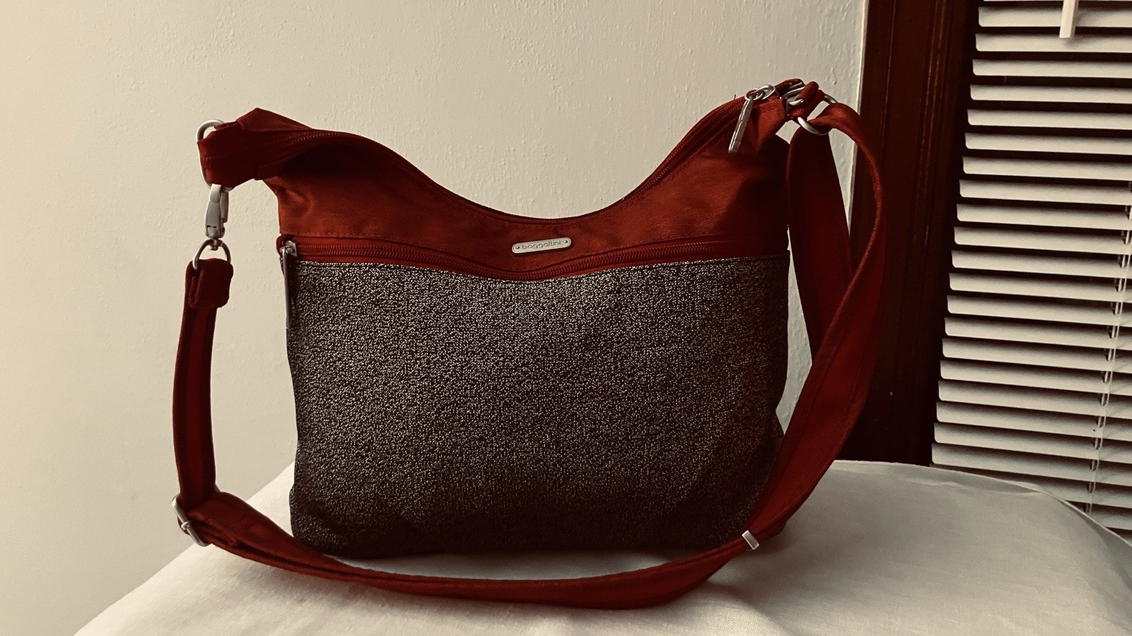 Baggallini SecurTex Anti Theft Half Moon Crossbody Red & Gray Bag