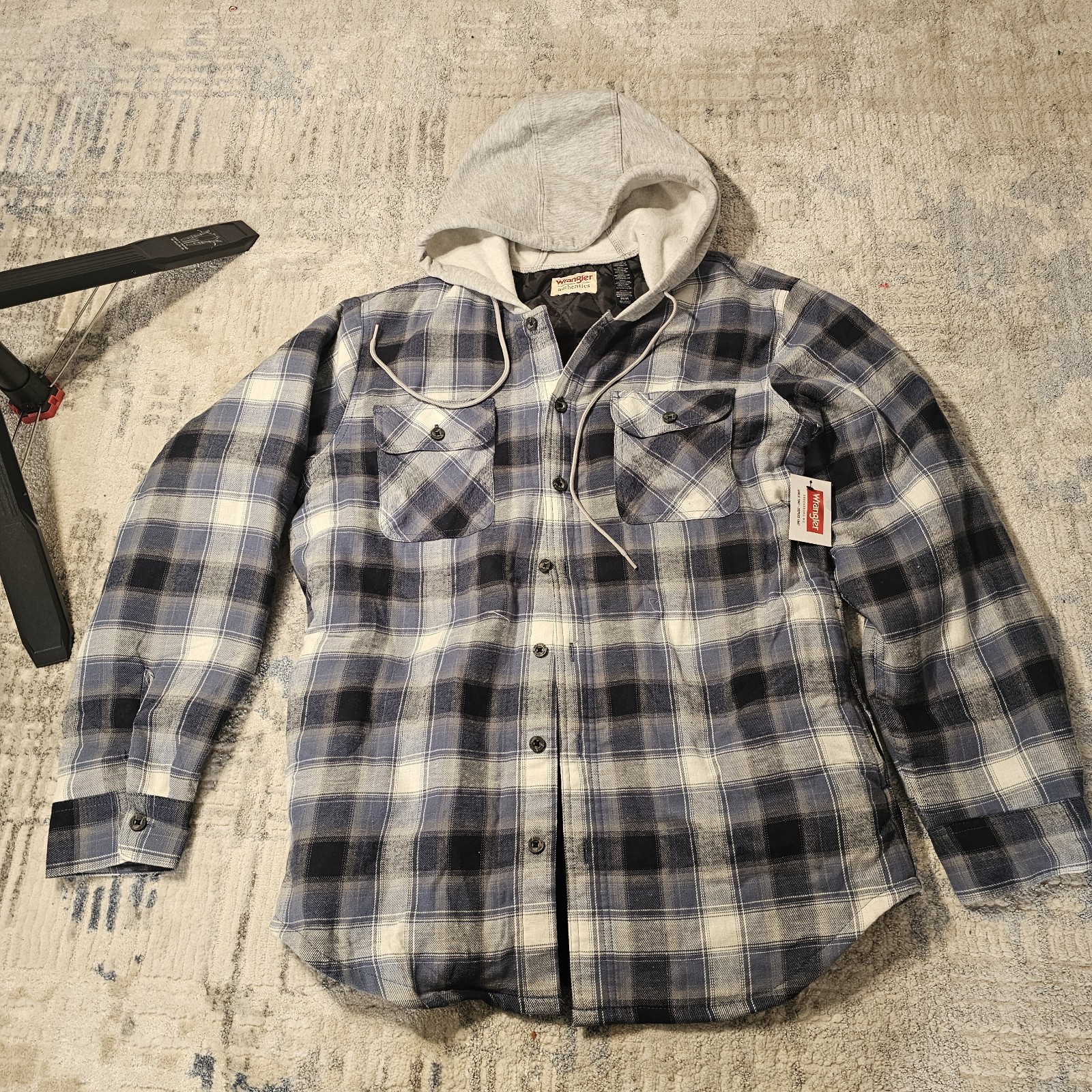Wrangler Authentics Men M Blue Plaid Hooded Insulated Lined Button Shacket