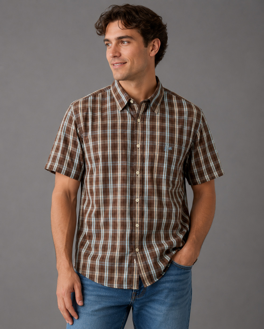 Mossimo Supply Co Men’s L Brown Blue Plaid Shirt Short Sleeve Button Up