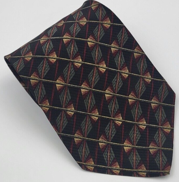 Geoffrey Beene Silk Tie Black Green Red Gray Geometric Necktie Italy 57 x 3.7/8