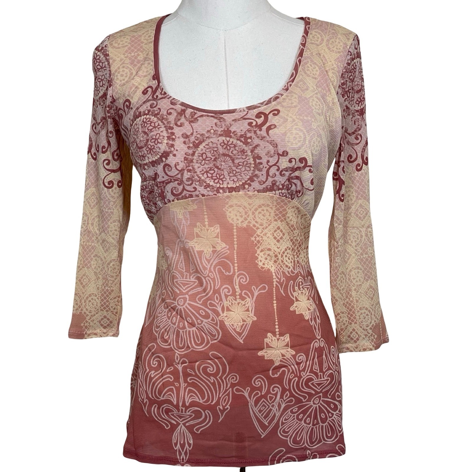 Vintage Axcess Mesh Top Womens M Pink Orange Boho Mandala 3/4 Sleeve Y2K Artsy