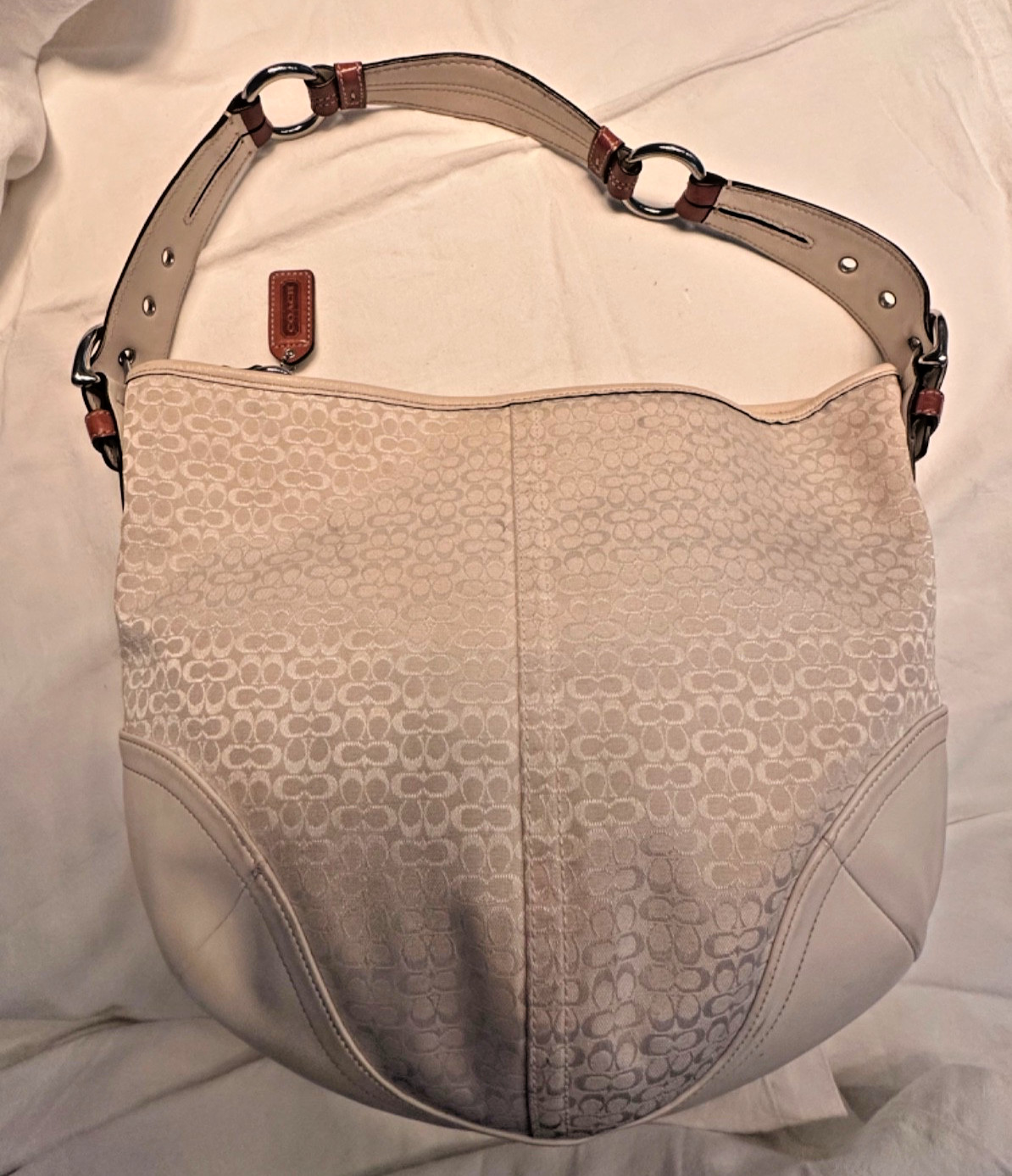 Coach Signature Hobo CC Monogram Shoulder Bag Cognac Leather White Fabric