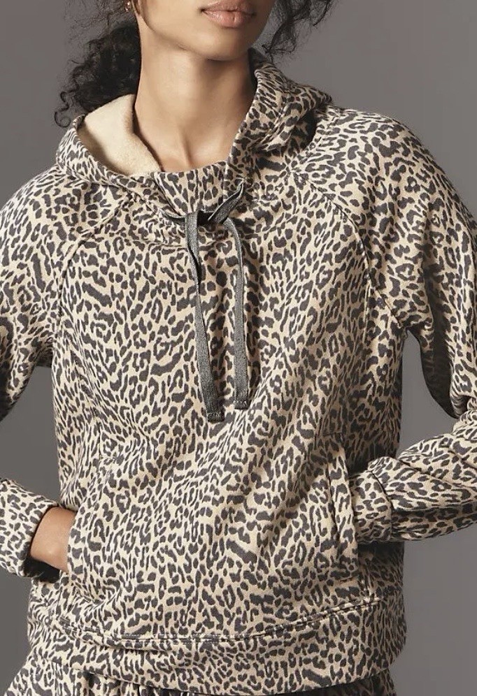 Anthropologie Daily Practice Hoodie Hooded Sweatshirt Leopard Print Brown XS NWT