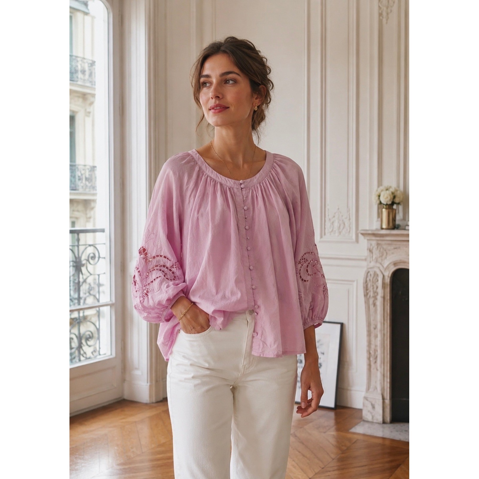 Vince Camuto Women 1X Pink Cotton Eyelet Balloon Sleeve Bouse Boho Cottage