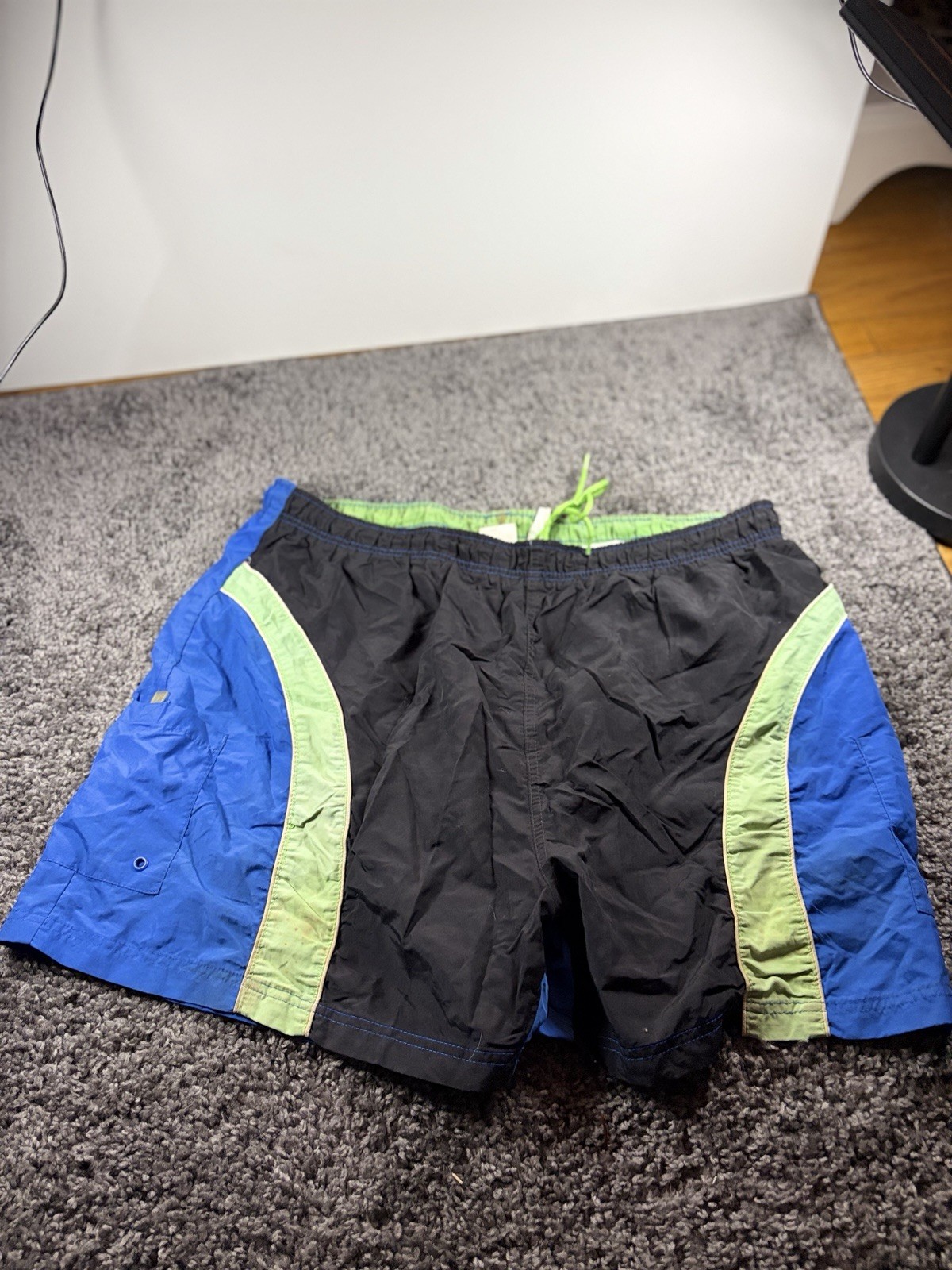 Sand N Sun Men’s Colorblock Swim Trunks Blue/Black/Green L Elastic Waist