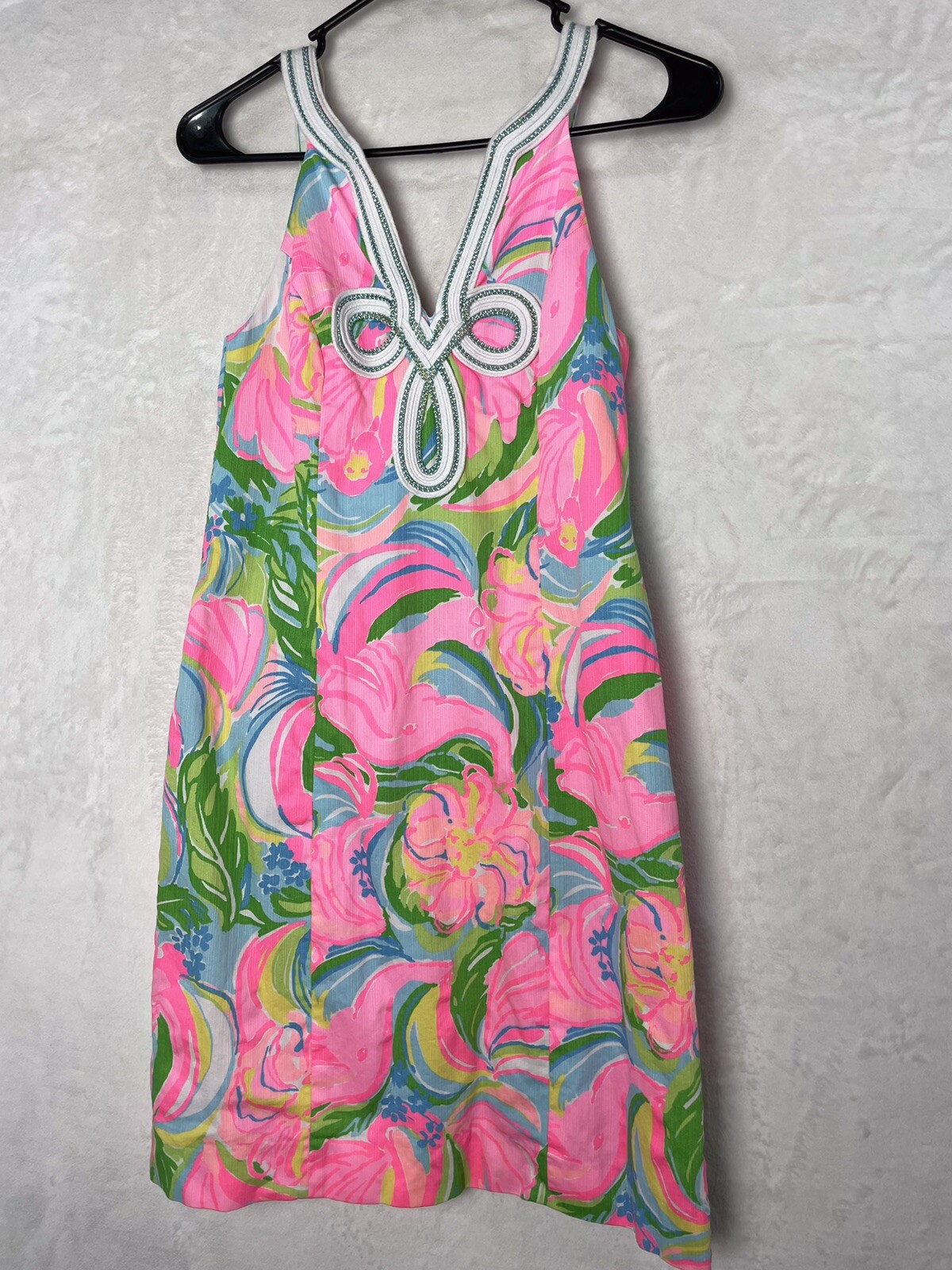Lilly Pulitzer Tessa Shift Dress 2 Floral Tropical Print Embroidered Pink Green
