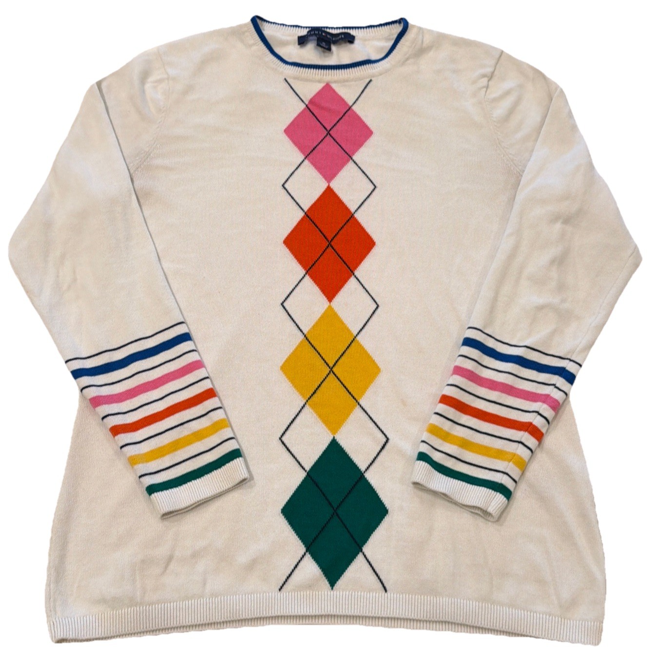 Tommy Hilfiger Sweater Size Medium Argyle Diamond Lightweight Ivory Multicolor