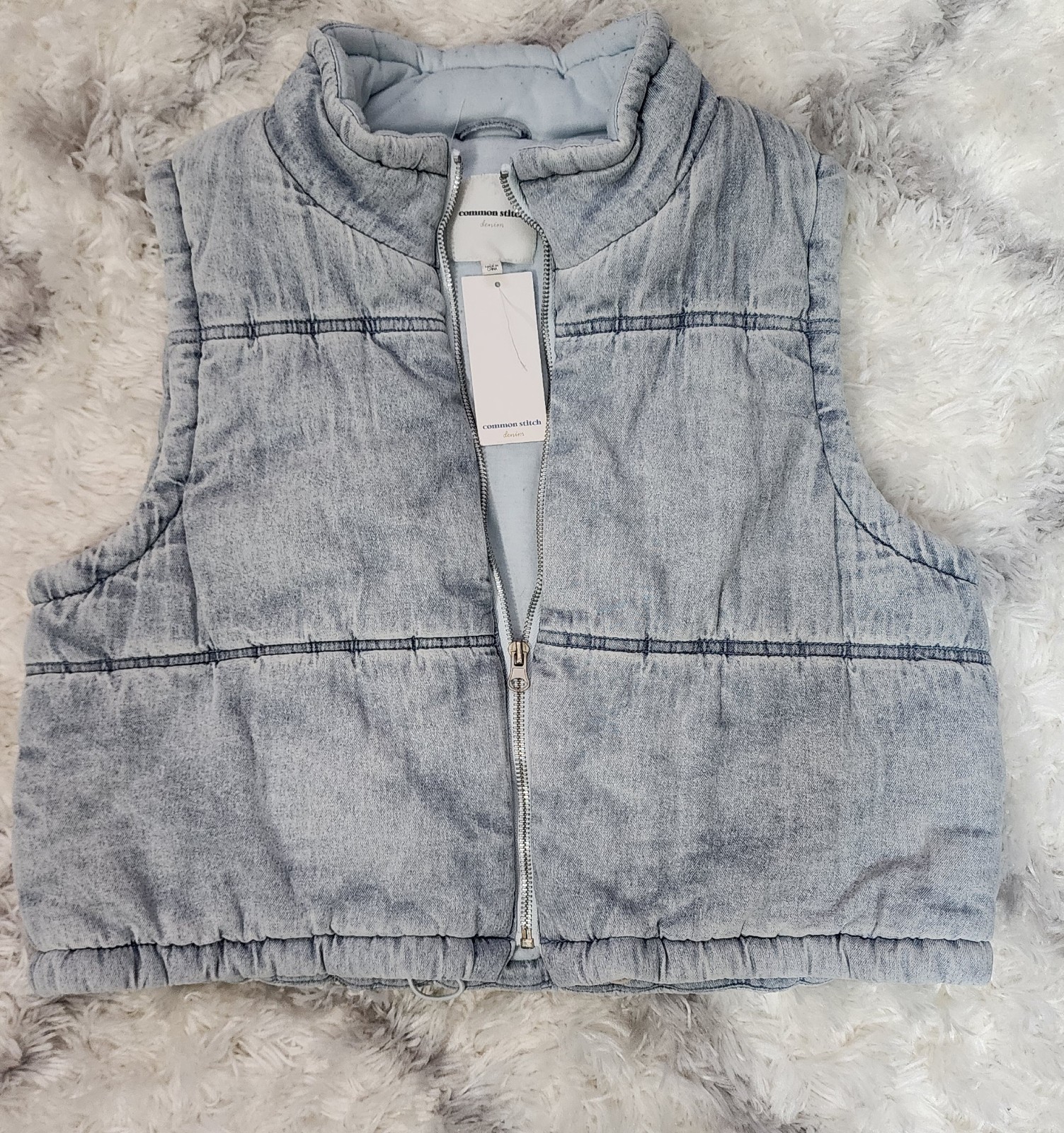 Common Stitch Denim Quilted Puffer Sleeveless Full Zip Vest Light Blue Size M