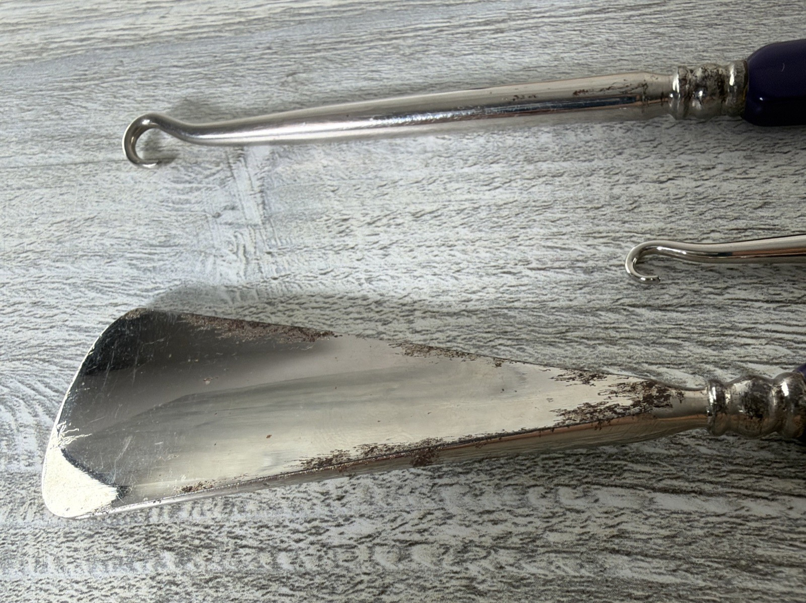 Vintage 3 Pc Blue Bakelite Handle Shoe Boot Button Hook & Shoe Horn Set In Case