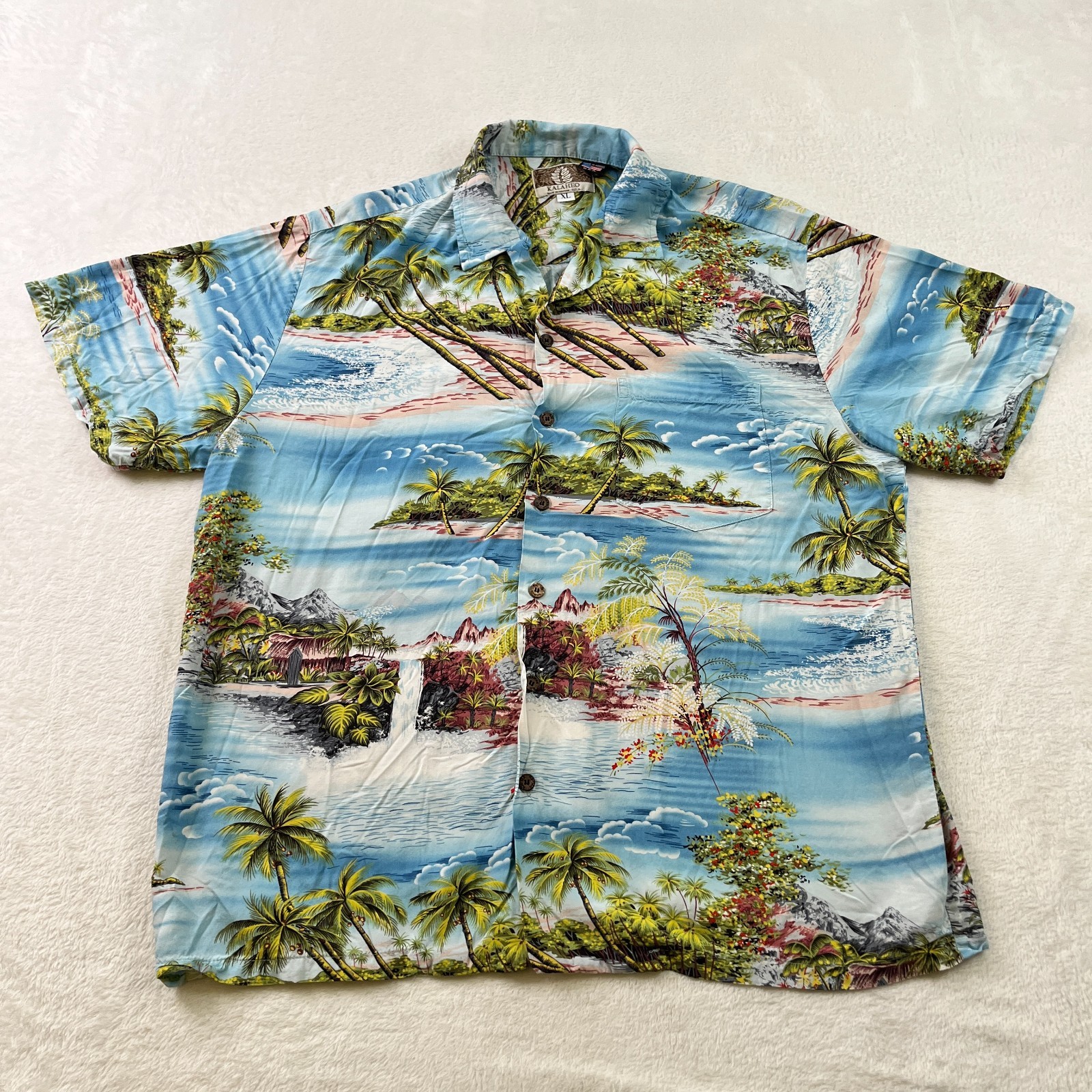 Kalaheo Mens Shirt XL Hawaiian Blue Floral Beach Aloha AOP Rayon USA Made