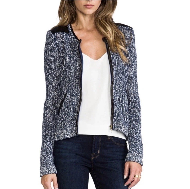 Tweed Knit Long Sleeve w/ Faux Leather Trim Zip Jacket Sweater Sz Small