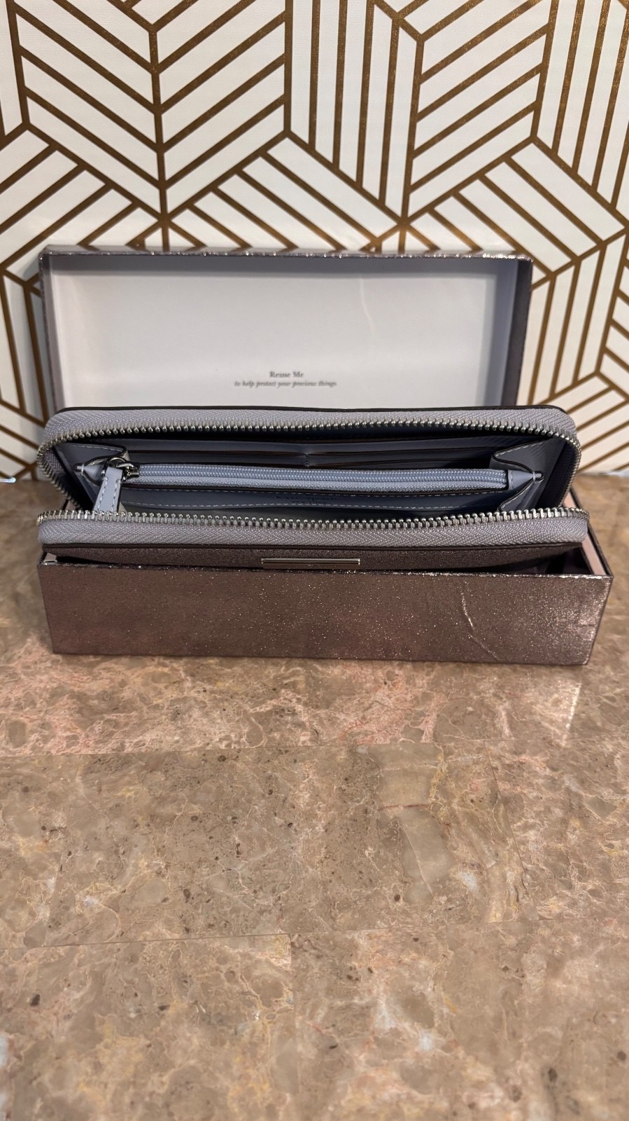 Kate Spade New York Glitter Zip-Around Wallet – Silver | NWT in Gift Box