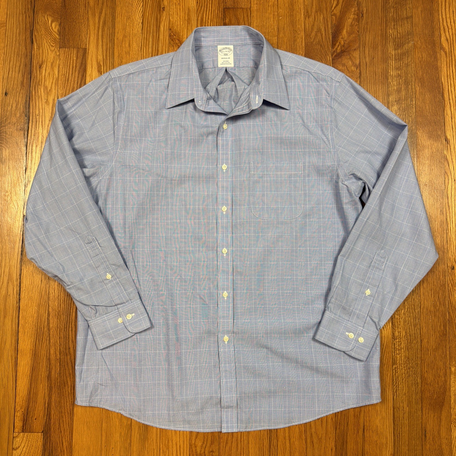 Brooks Brothers Shirt Mens 16.5 34 Regular Fit Blue Check Non Iron 100% Cotton