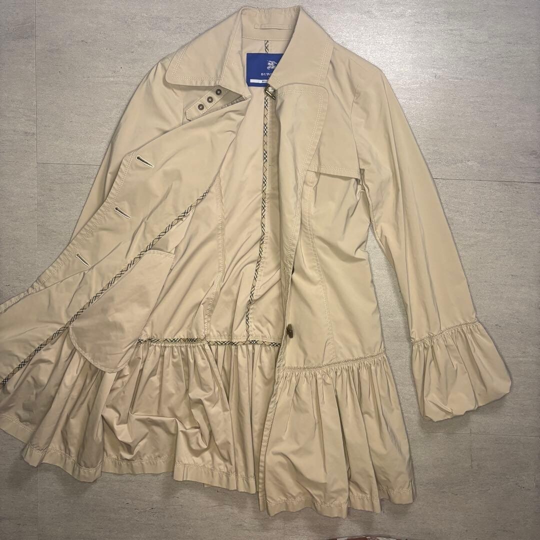 Burberry Blue Label Frill Hem Trench Coat Beige M Midi Puff Sleeve Auth