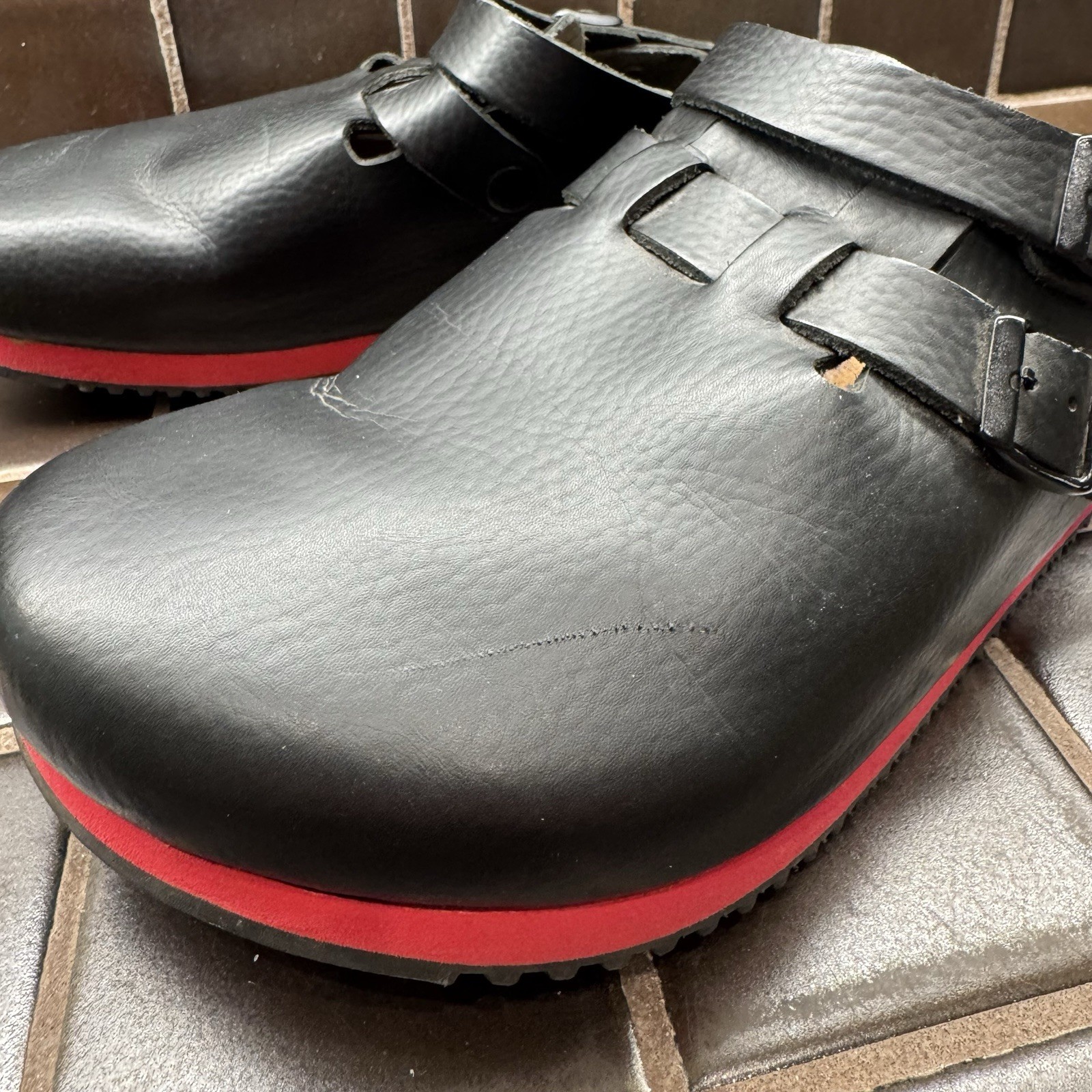 BIRKENSTOCK KAY SL BLACK RED MEDIUM NARROW WIDTH PROFESSIONAL LEATHER SABOT SOFT