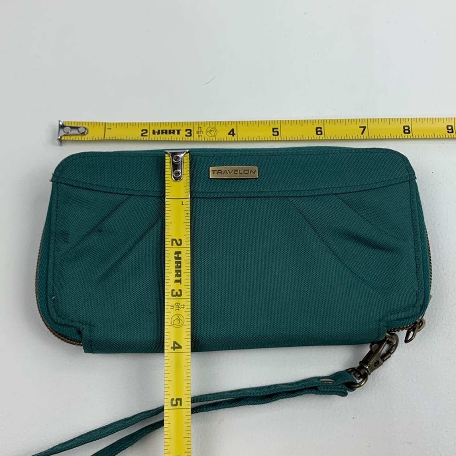 Travelon Dark Teal Green Clutch Wristlet wallet & brass Accents Zip around strap
