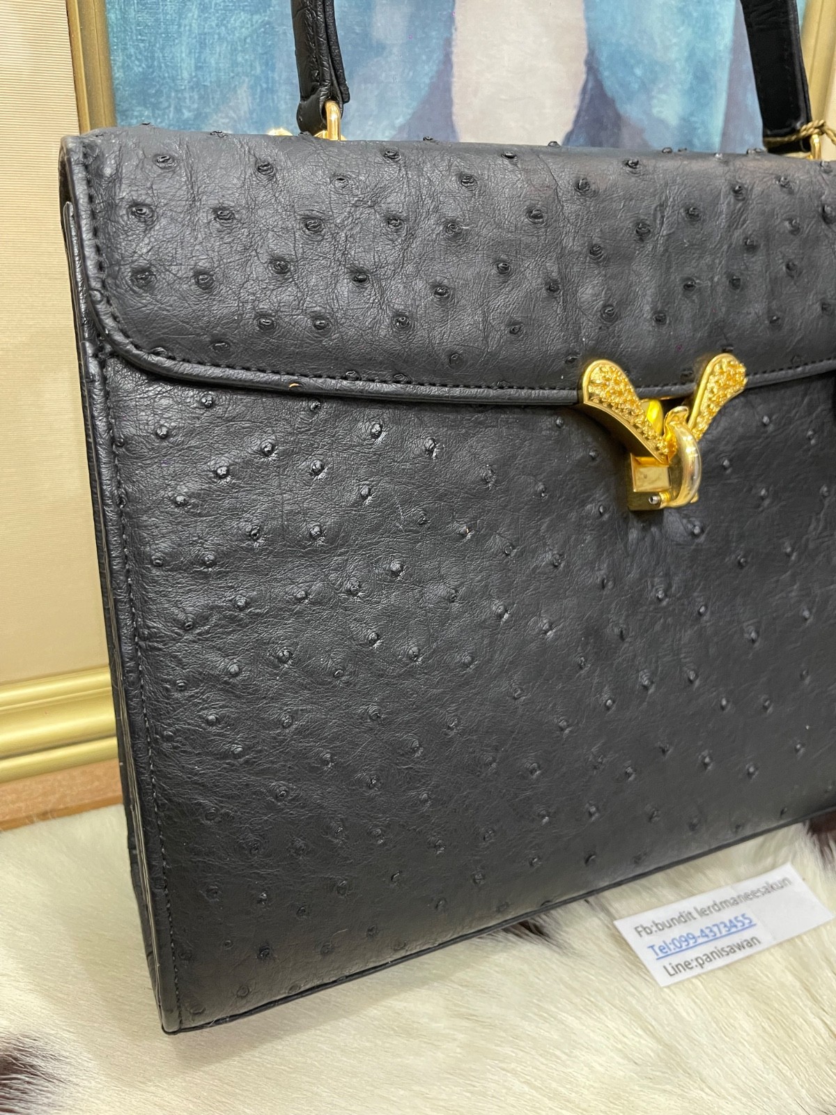 JRA Japan Ostrich Leather Handbag Genuine Exotic Leather Brown Vintage