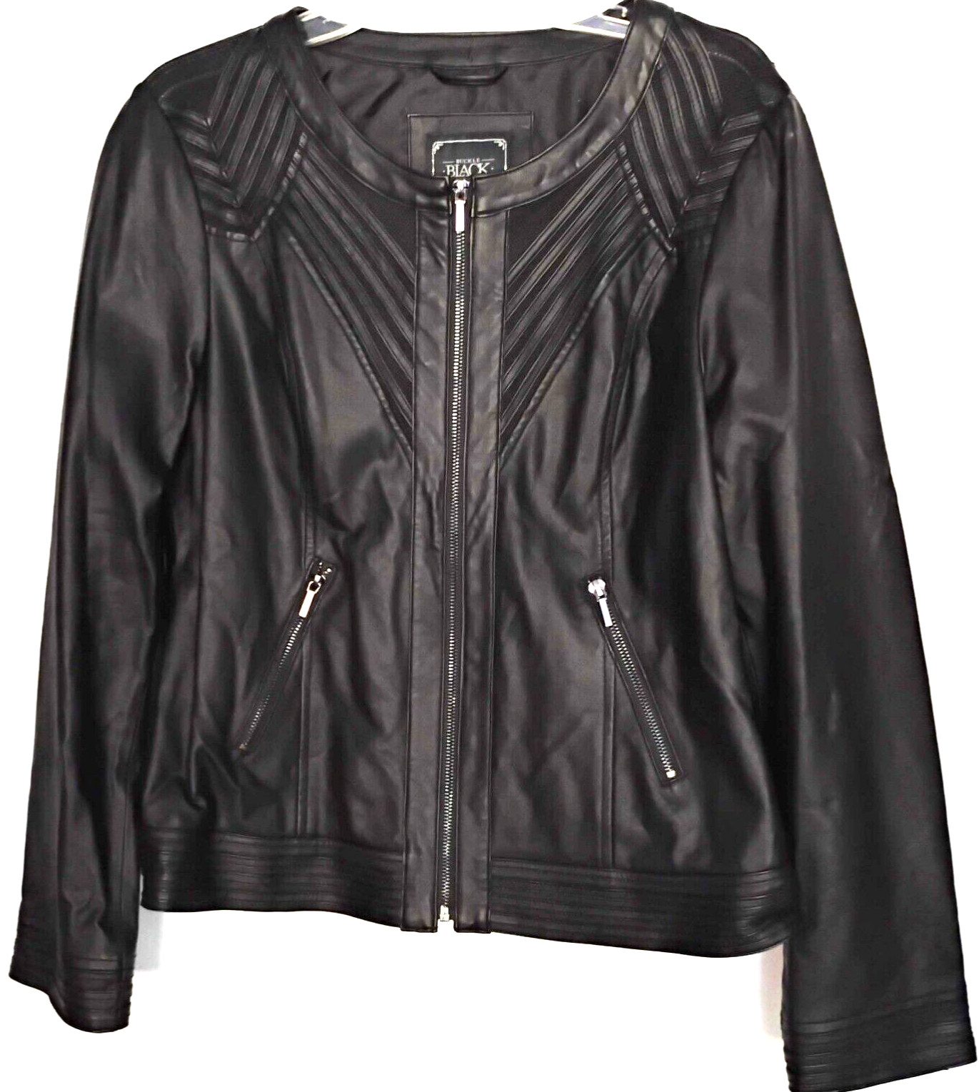 Buckle Black Jacket size L zip front, pockets & cuffs faux leather