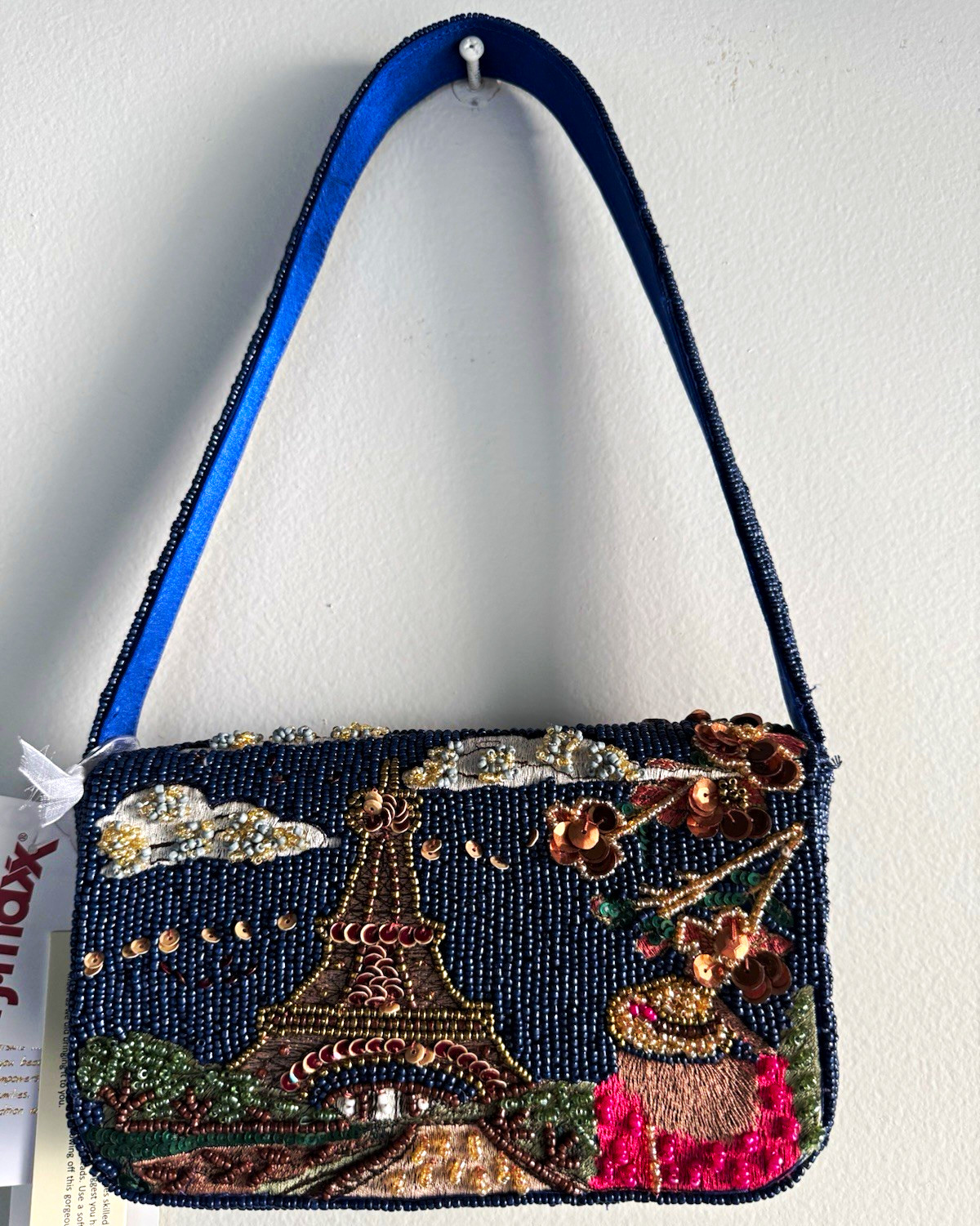 Paris Theme Scenic Pattern Blue Women’s Shoulder Bag w/ Beaded Sequin Accents