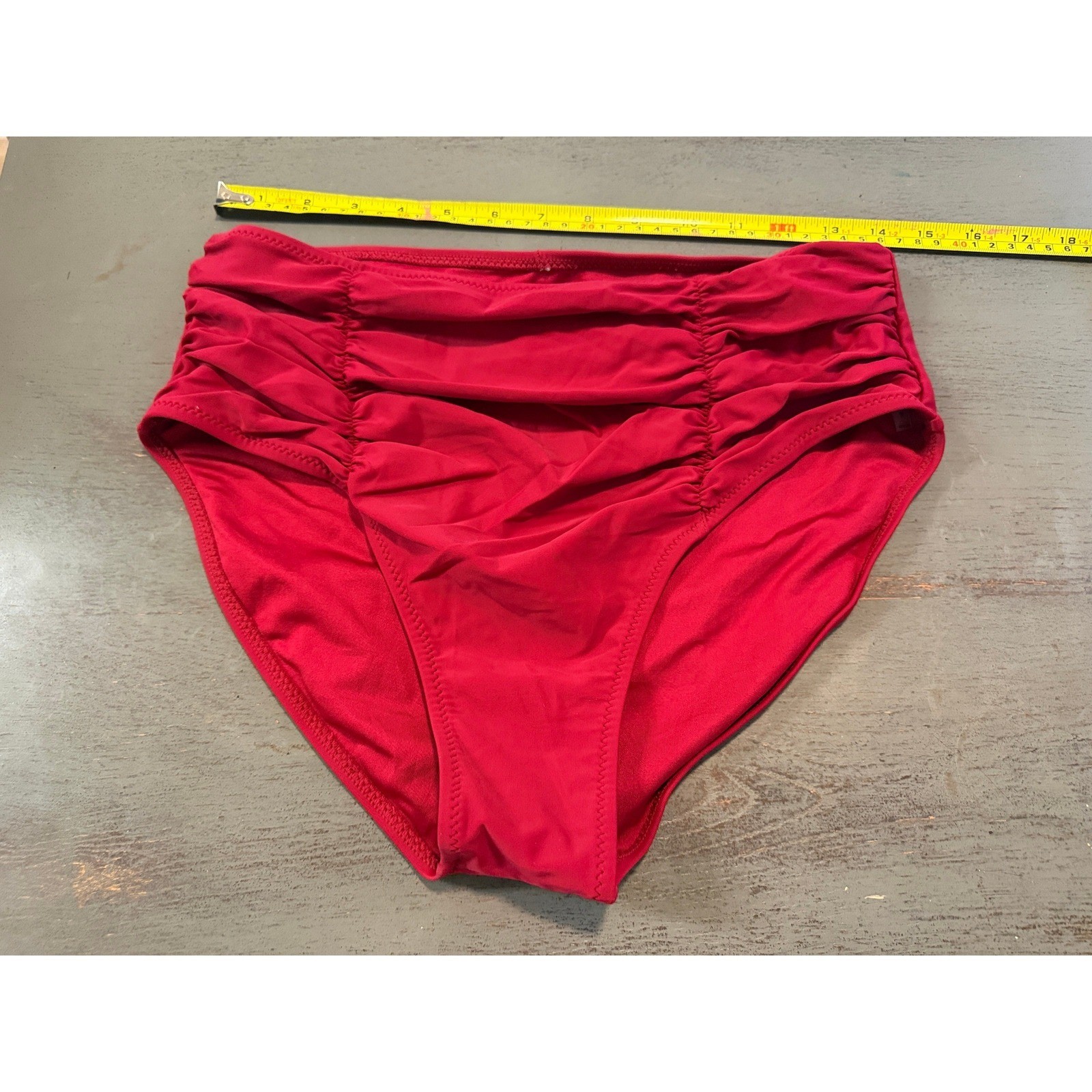 Red High Waisted Ruched Bikini Bottoms Women Size Large Full Coverage Swimwear
