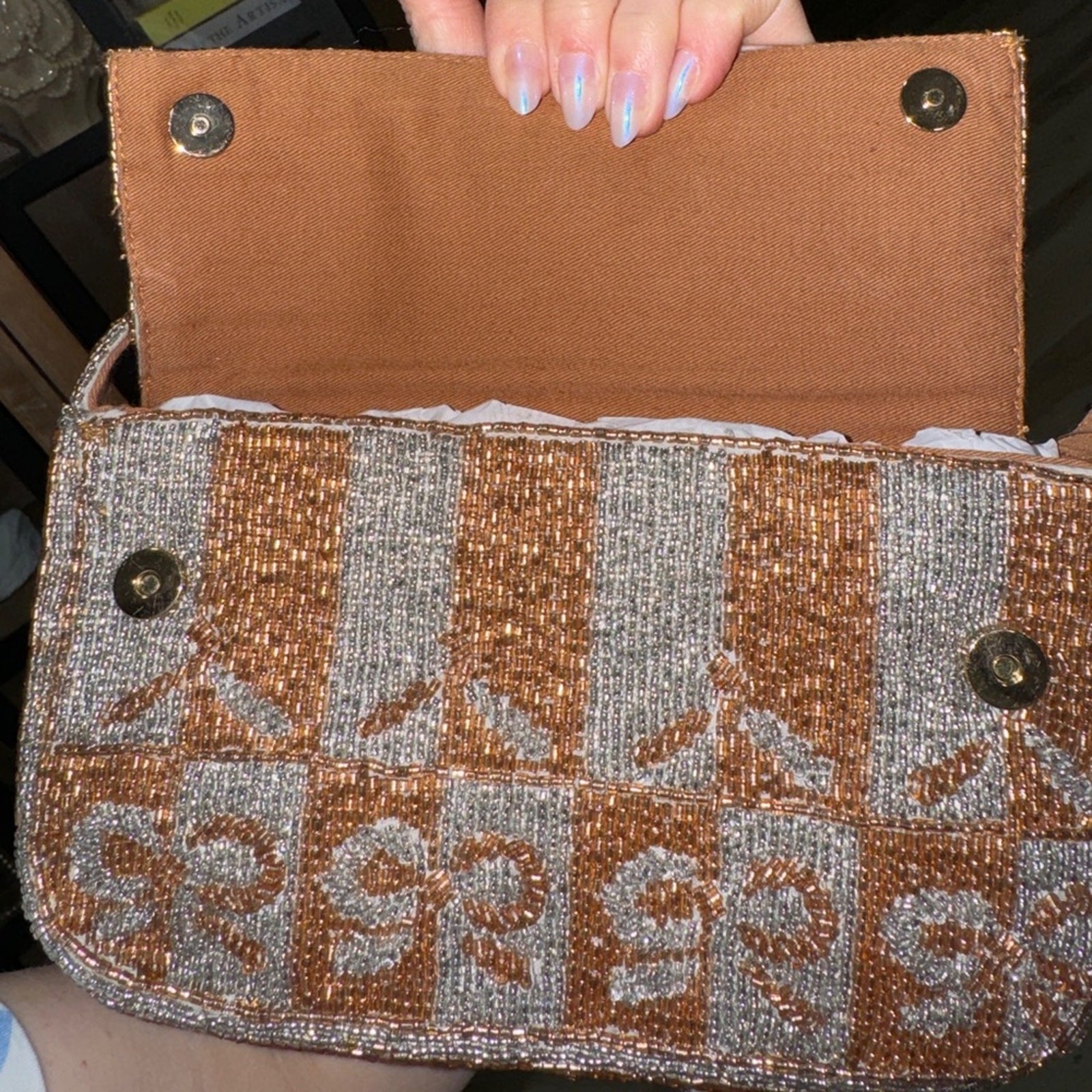 Anthropologie Fiona beaded shoulder bag bows metallic bronze mixed coquette