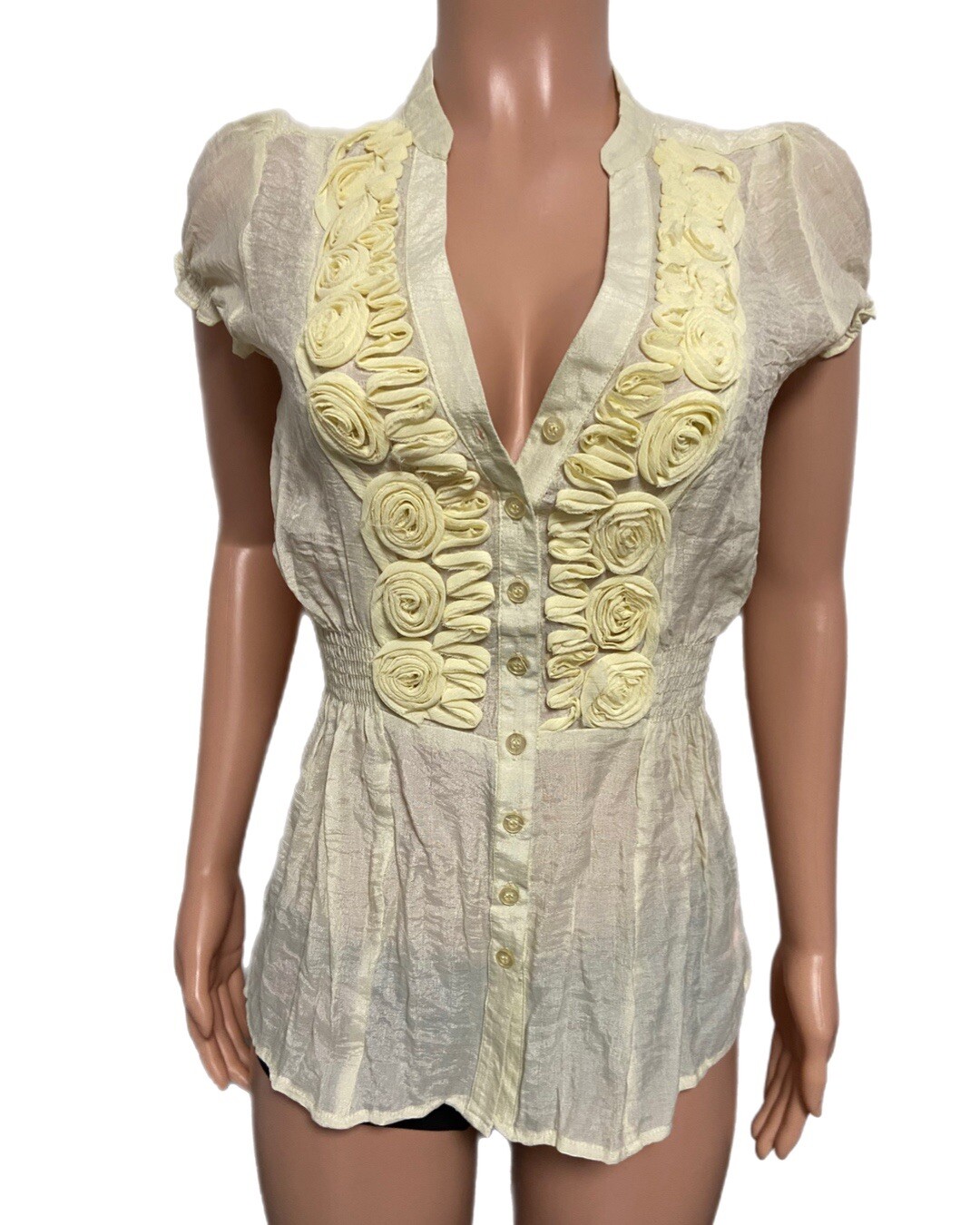 Burn out Yellow Flower Ruffle Button up blouse Top Fairycore Cottage Core Y2K