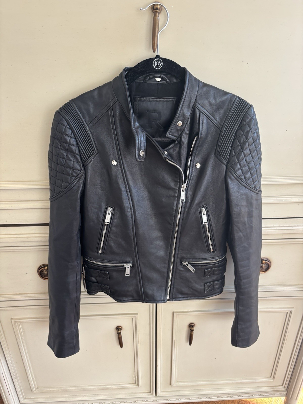 Intuition Paris Black Leather Moto Jacket 34/XS Zip Buckle Accent EUC