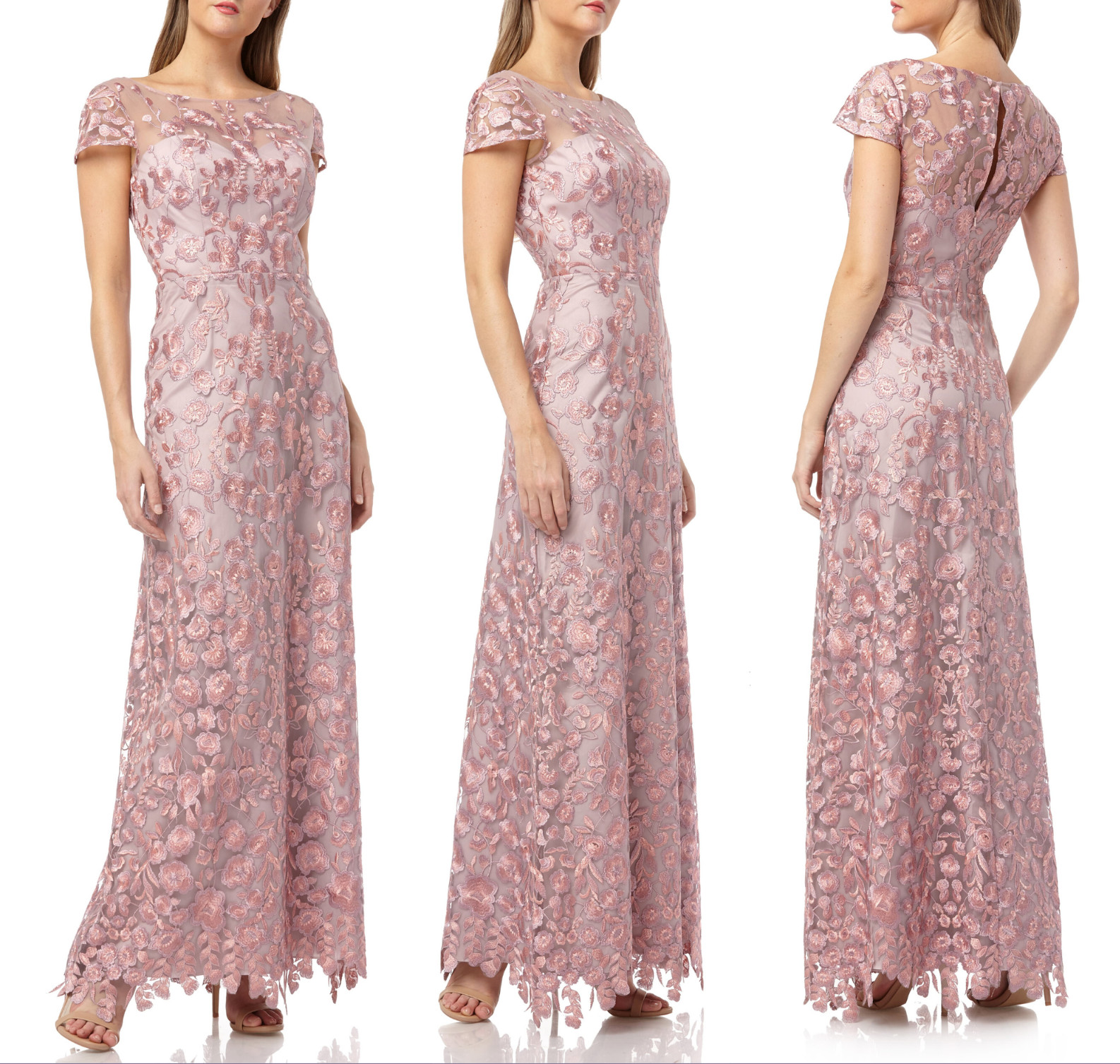 JS COLLECTIONS Pink Floral Embroidered Sheer Illusion Yoke A-Line Maxi Gown 10 M