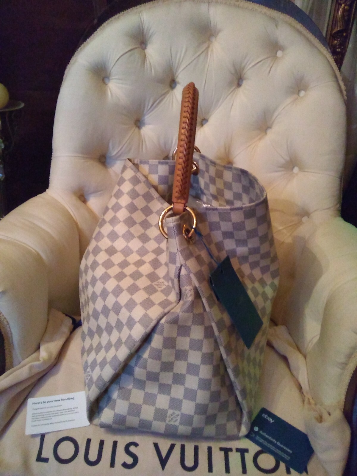 AUTHENTIC LOUIS VUITTON DAMIER AZUR ARTSY MM DUST COVER AUTHENTICATION CARDS