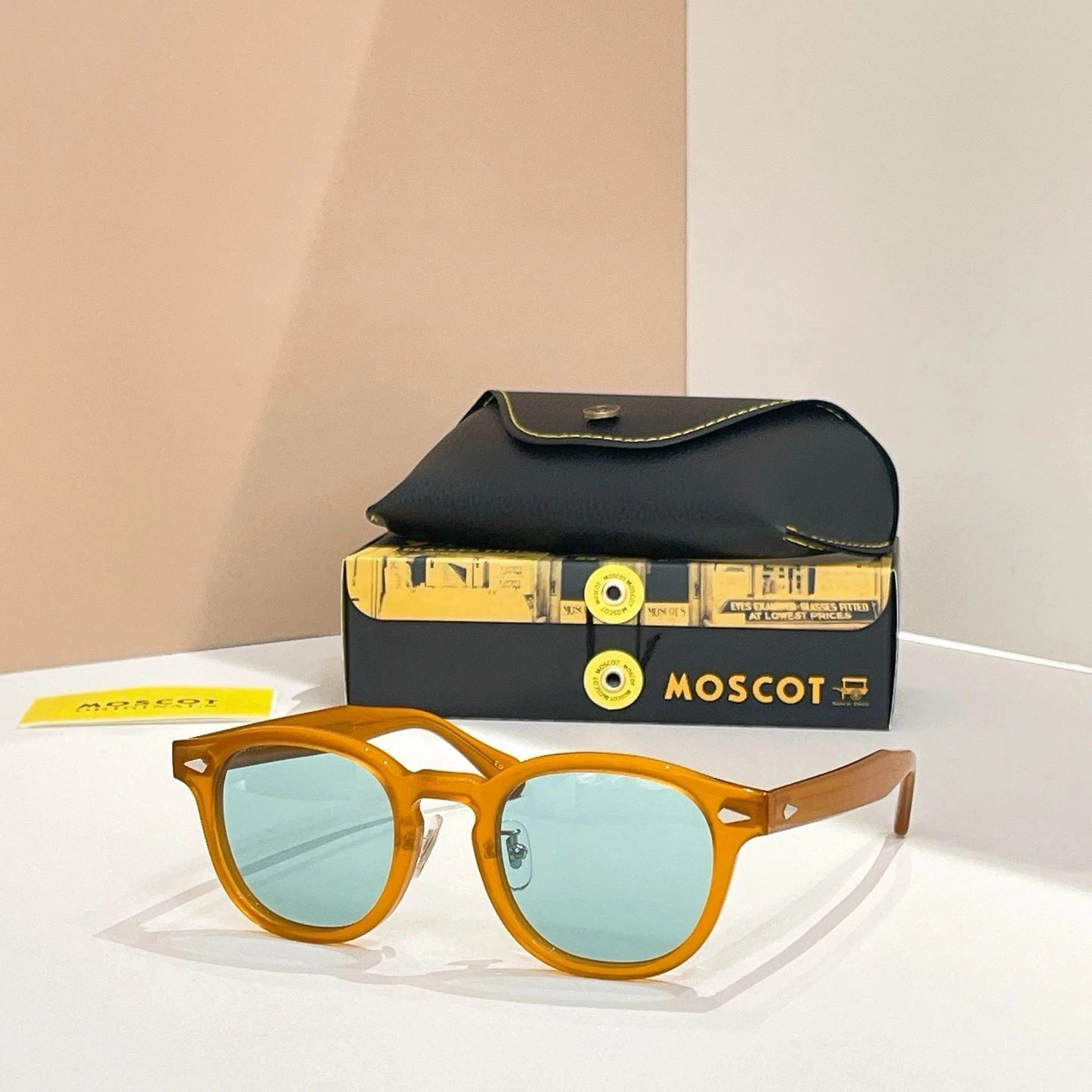 Moscot Lemtosh Honey Amber Frame Light Blue Lens Sunglasses Handmade Unisex