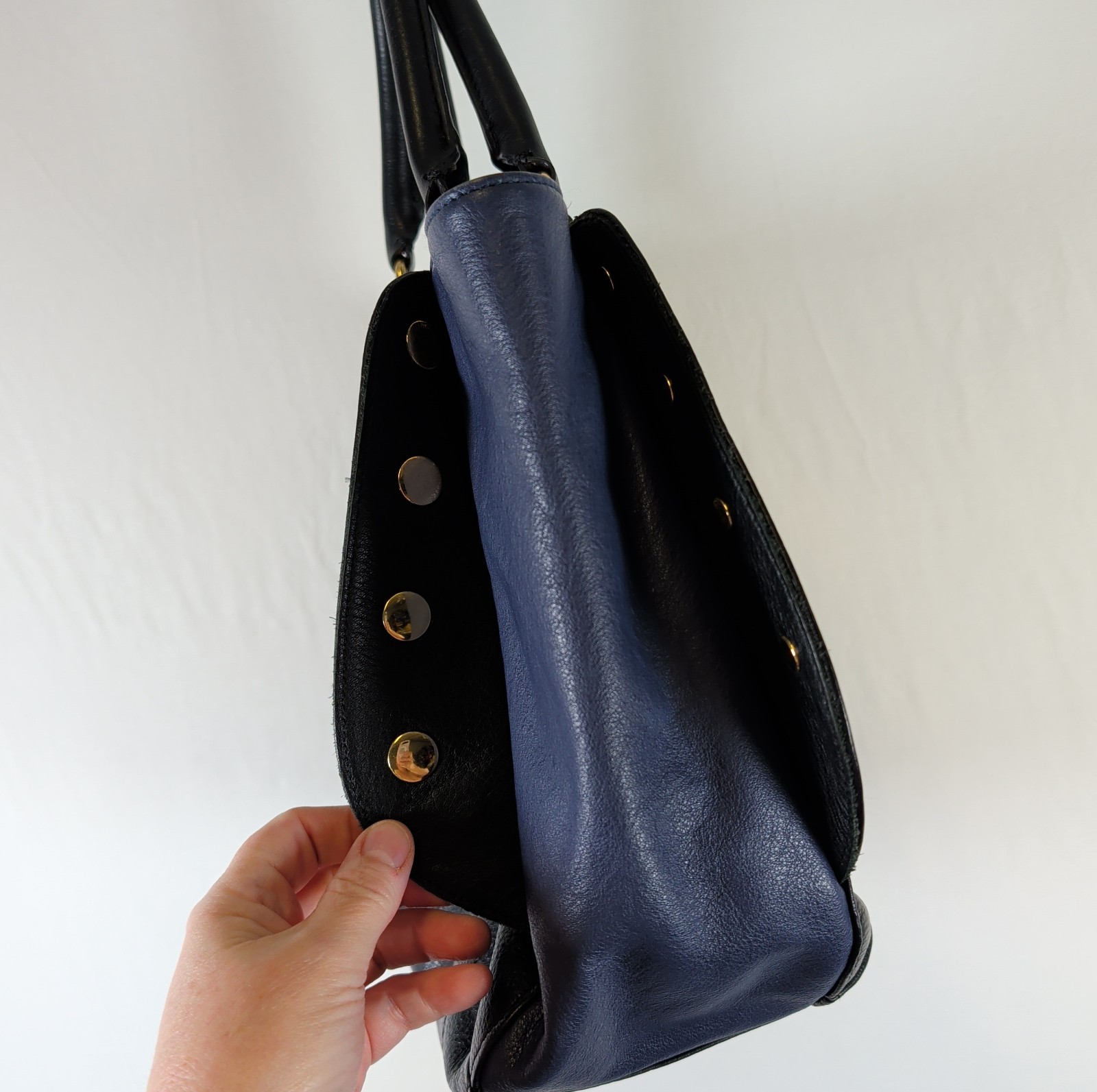 Emma Fox Colorblock Turnlock Studded Double Handled Satchel Black Blue Beige