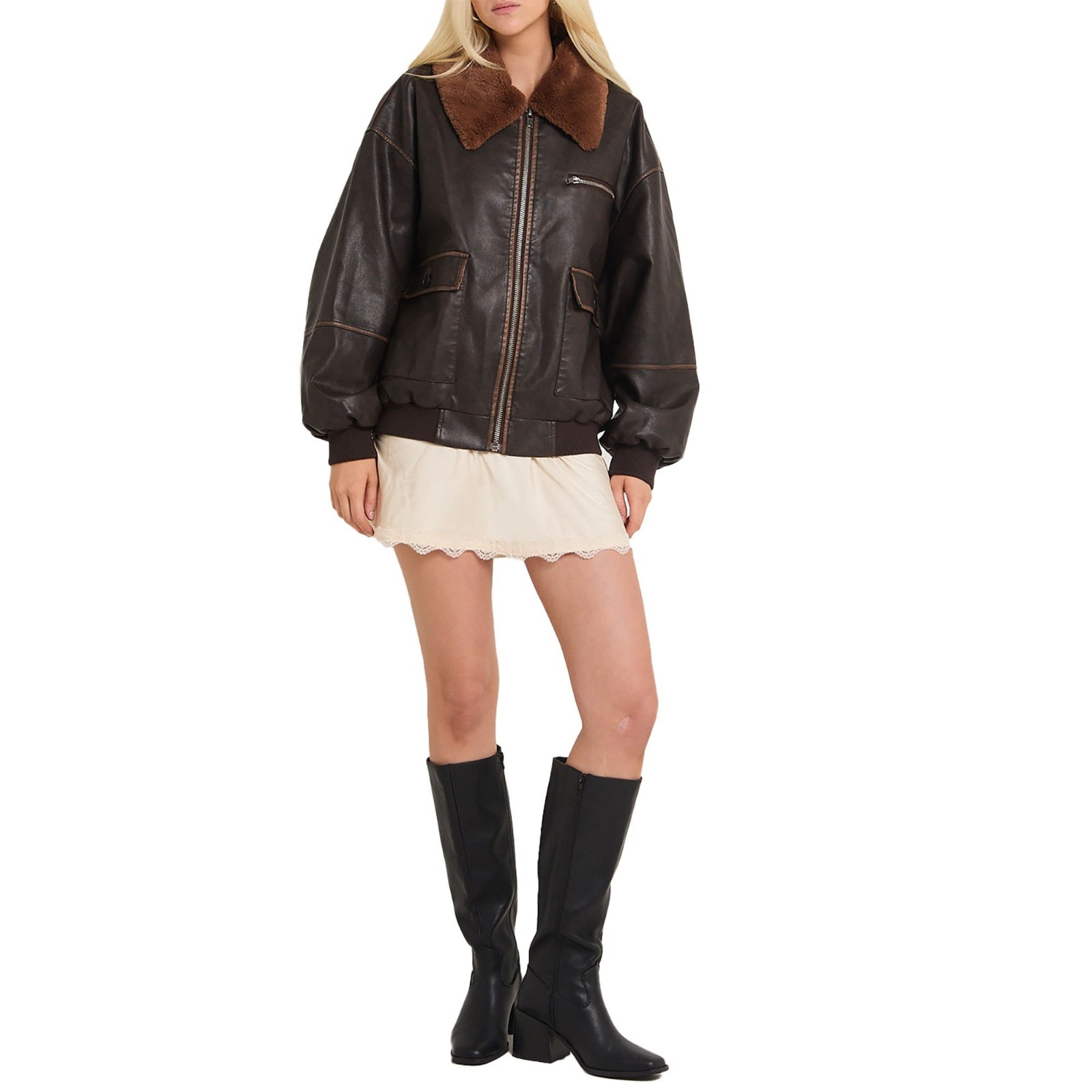 Women Real Leather Jacket Brown Fur Collar Aviator Bomber Ribbed Coat