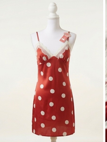 Sexy Red Polka Dot Satin Nightgown Lace Trim Sleepwear Cami Dress Women’s L