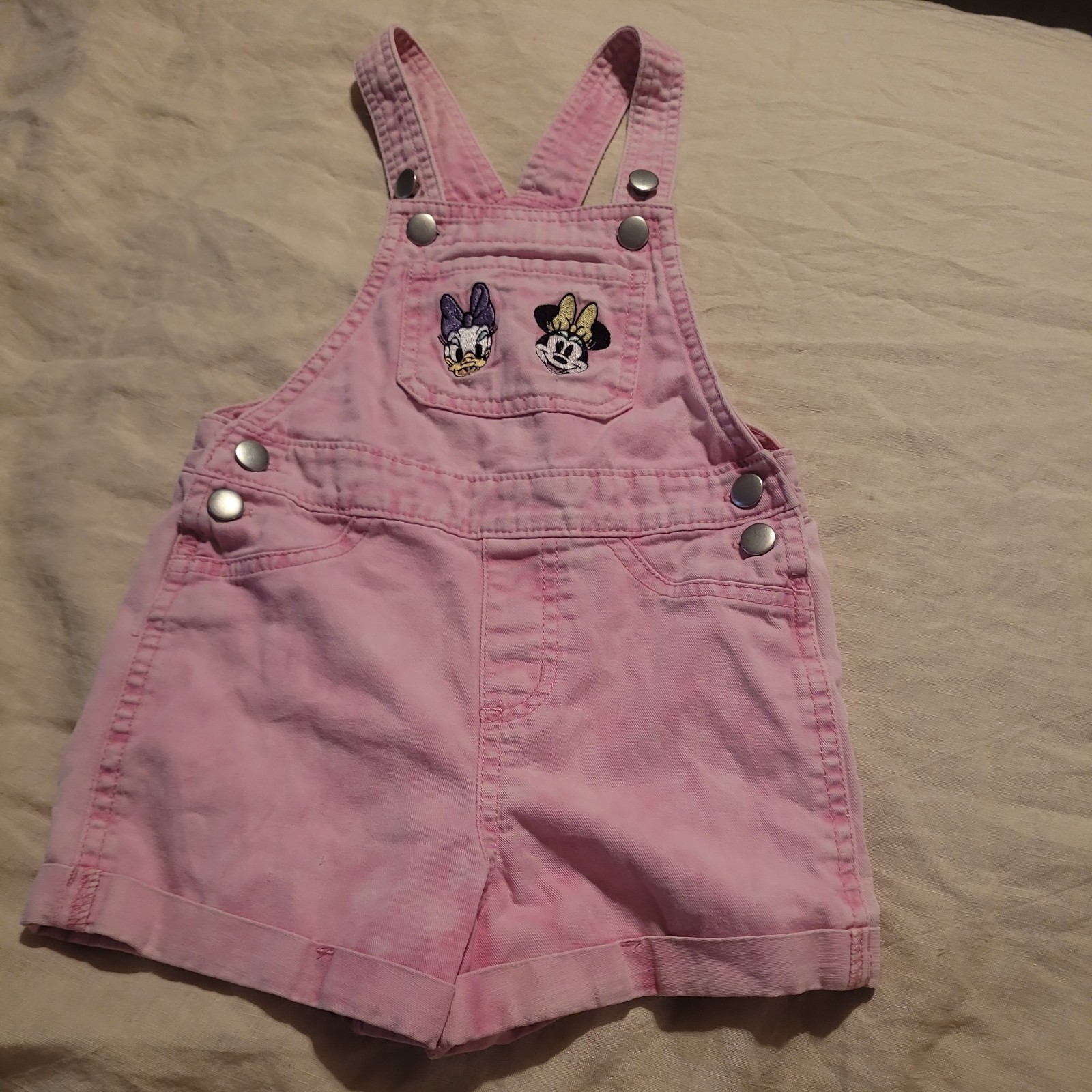 Disney Minnie Mouse Daisy Duck Embroidered Pink Bib Shortall Overalls 3T