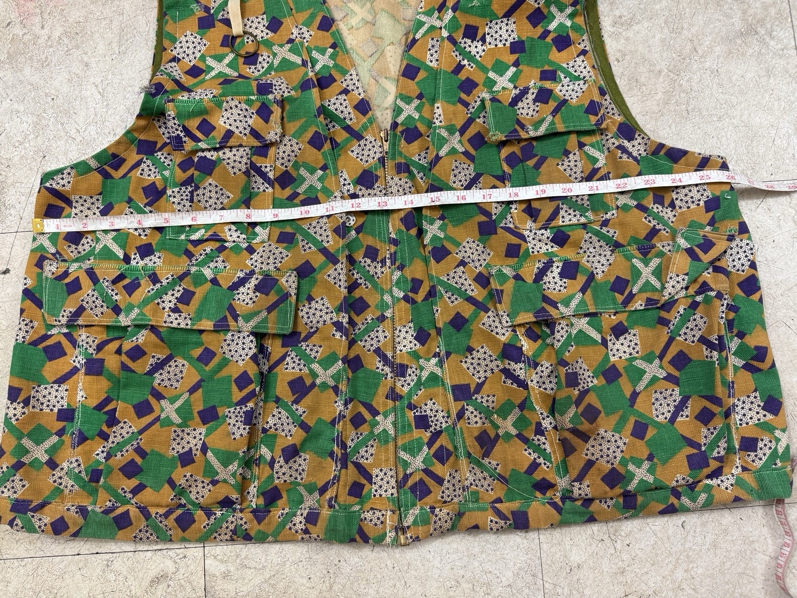 Homemade Hunting Vest 60s 70s Vtg Custom Pockets All Over Print Outdoor XXL
