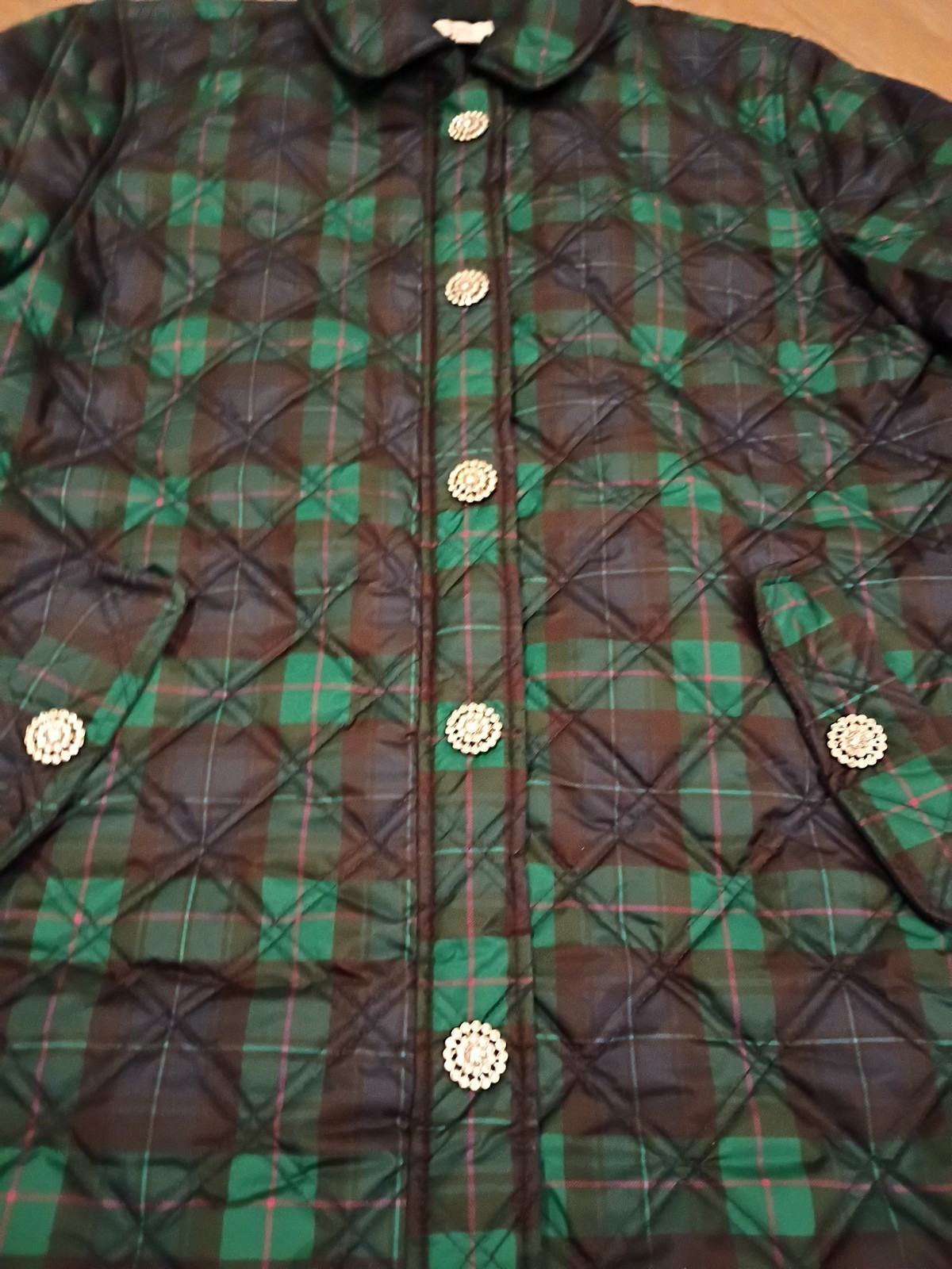 Crown & Ivy Navy Green Plaid Quilted Jacket Bling Rhinestone Button Snaps Sz M