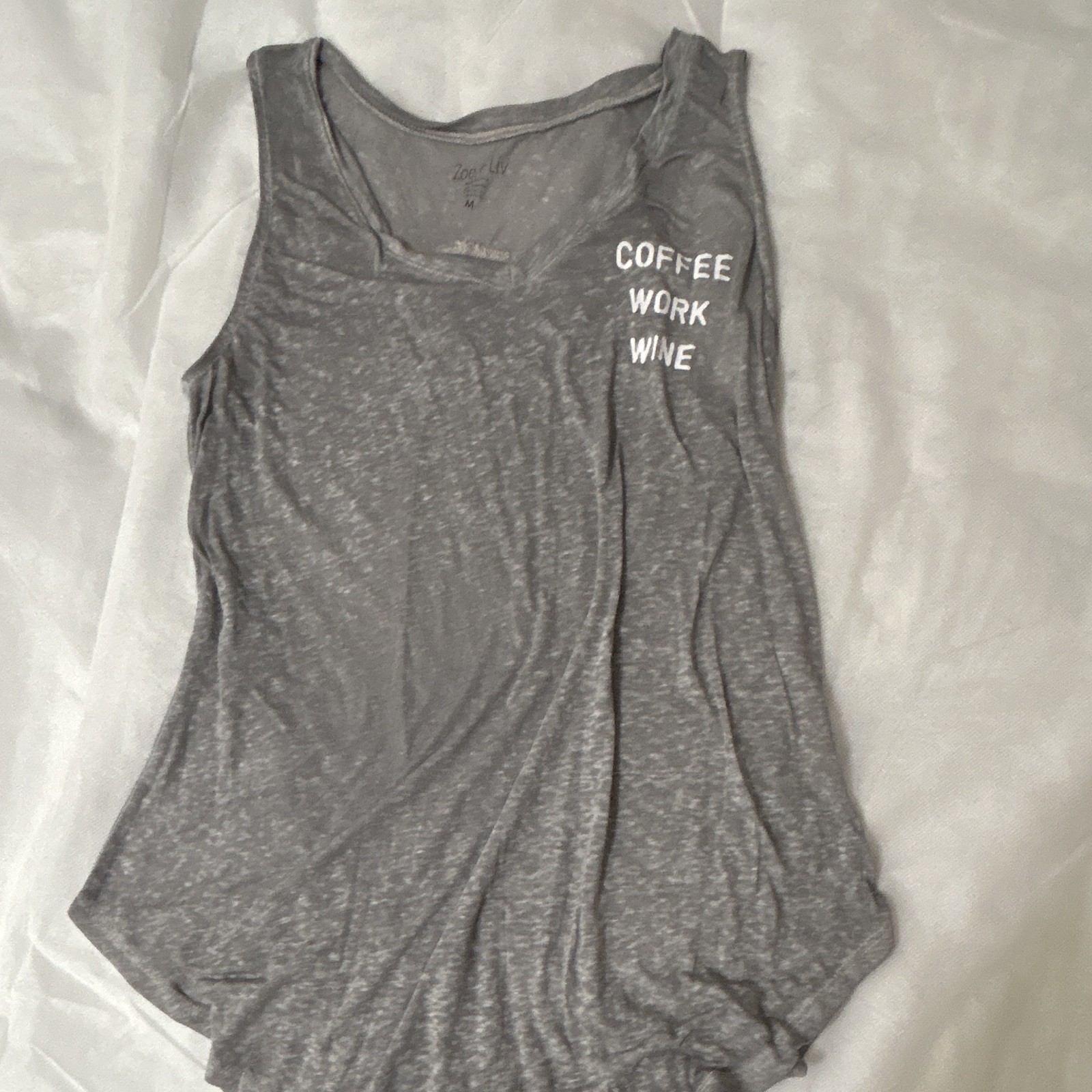 Zoe + Liv Women’s M Gray Scoop Neck Tank Top Sleeveless “Coffee Work Wine”