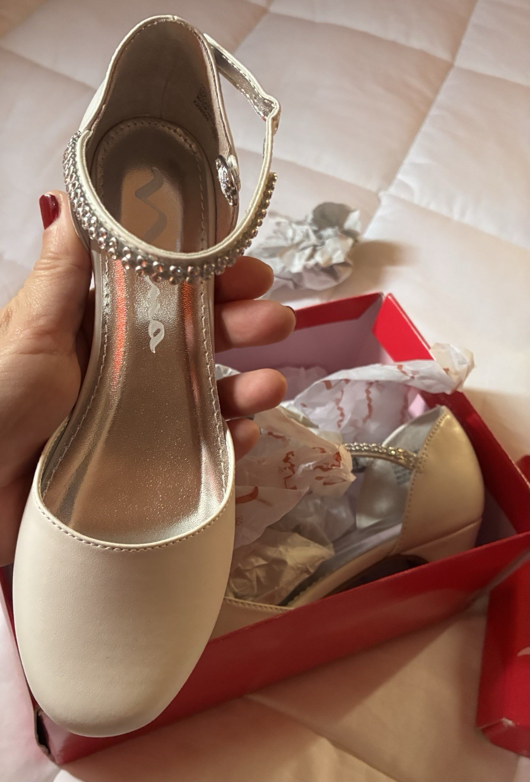 Nina White Leather Little Big Girl Shoes Rhinestone Mary Jane Heel Non Marking 1
