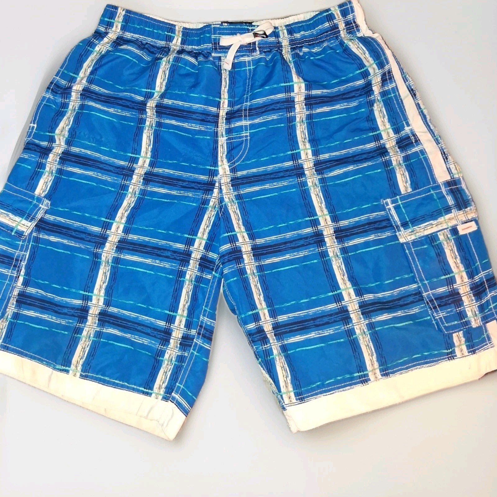 B. Split Mens XL Swim Shorts Blue White Plaid Drawstring Cargo Pockets