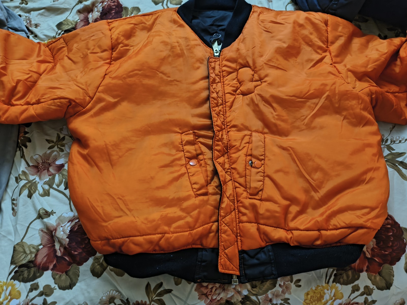 Flight Bomber Jacket XL Black Reversible Orange Military Style USA Patch Classic